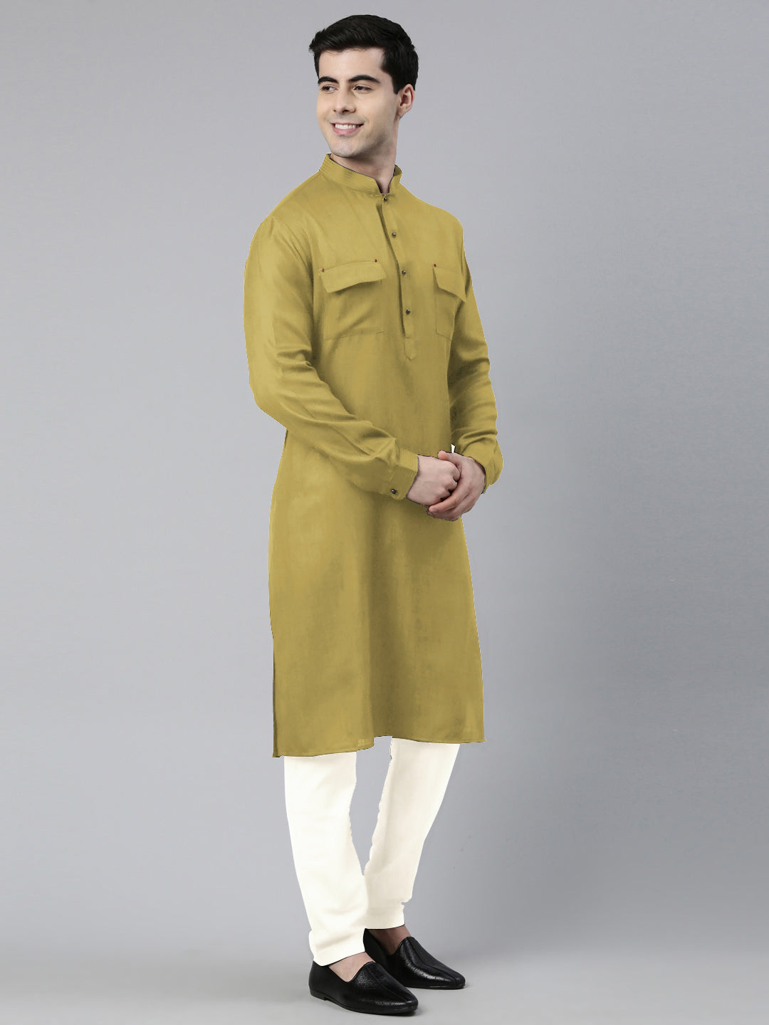 Greenish Yellow Cotton Pathani Kurta Set with Patch pocket