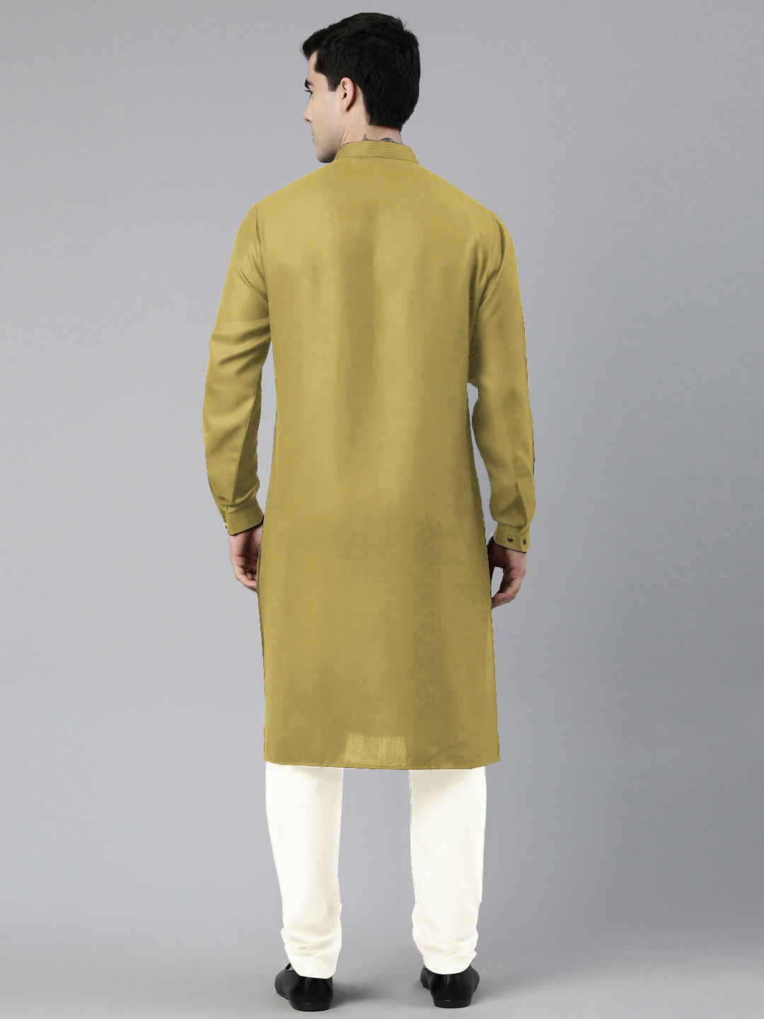 Greenish Yellow Cotton Pathani Kurta Set with Patch pocket
