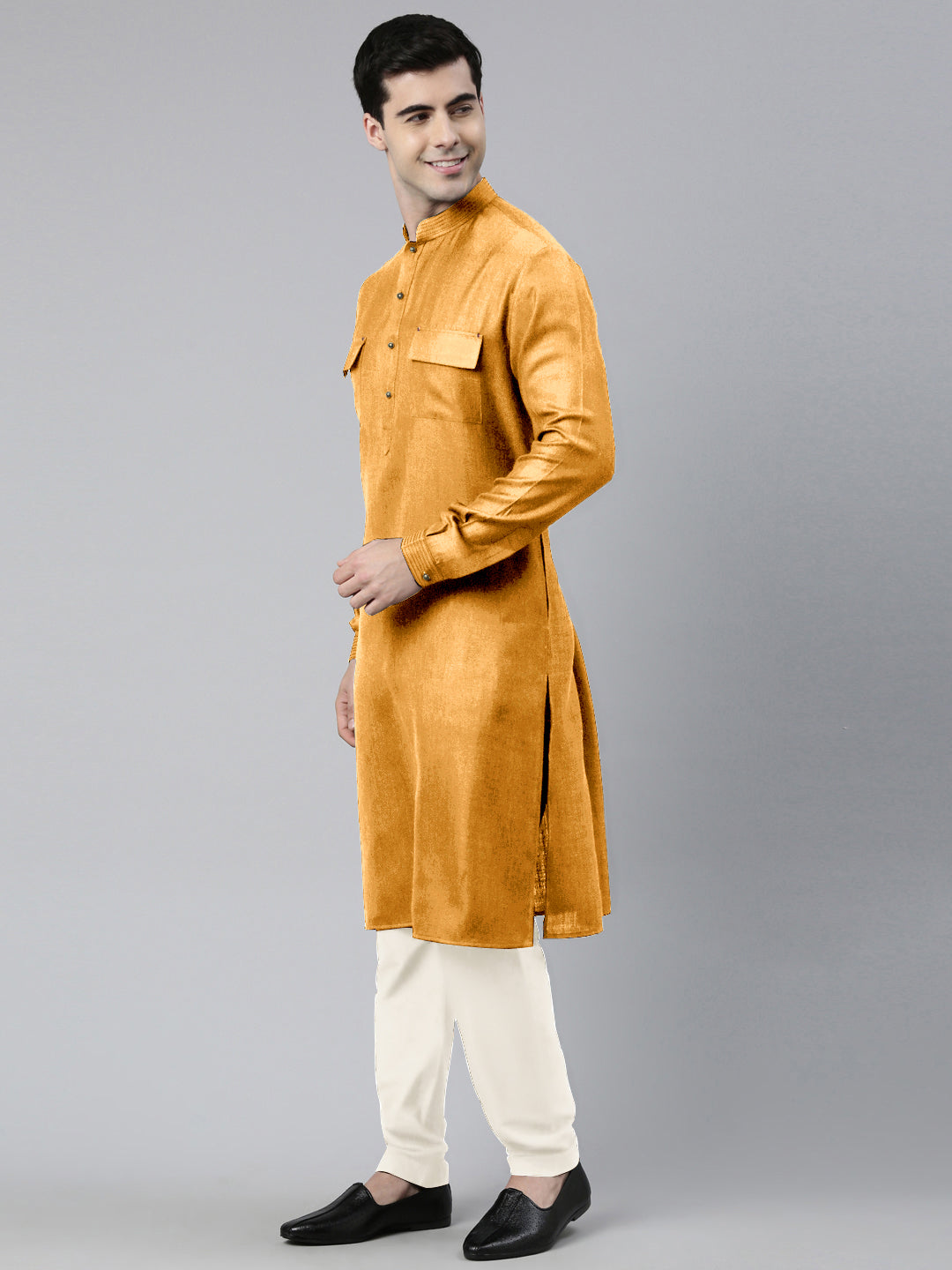Mustard Cotton Pathani Kurta Set with Patch pocket