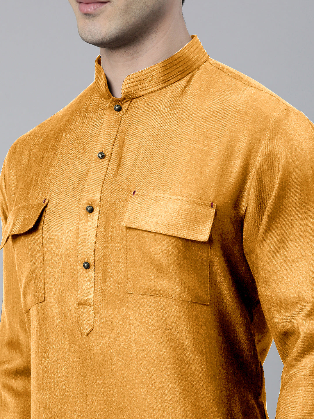 Mustard Cotton Pathani Kurta Set with Patch pocket