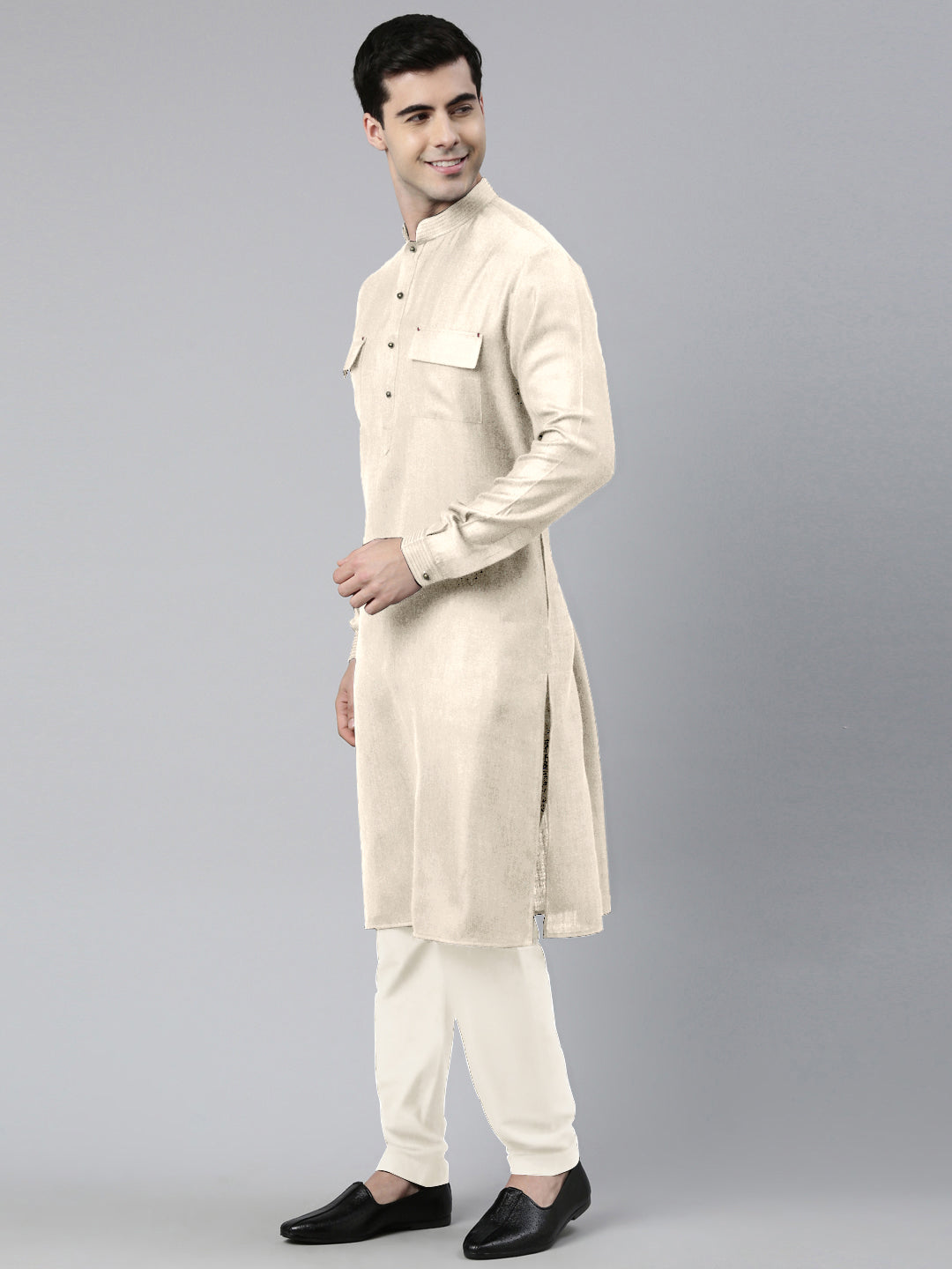 Cream Cotton Pathani Kurta Set with Patch pocket