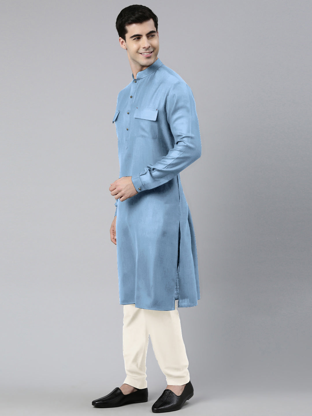 Light Blue Cotton Pathani Kurta Set with Patch pocket