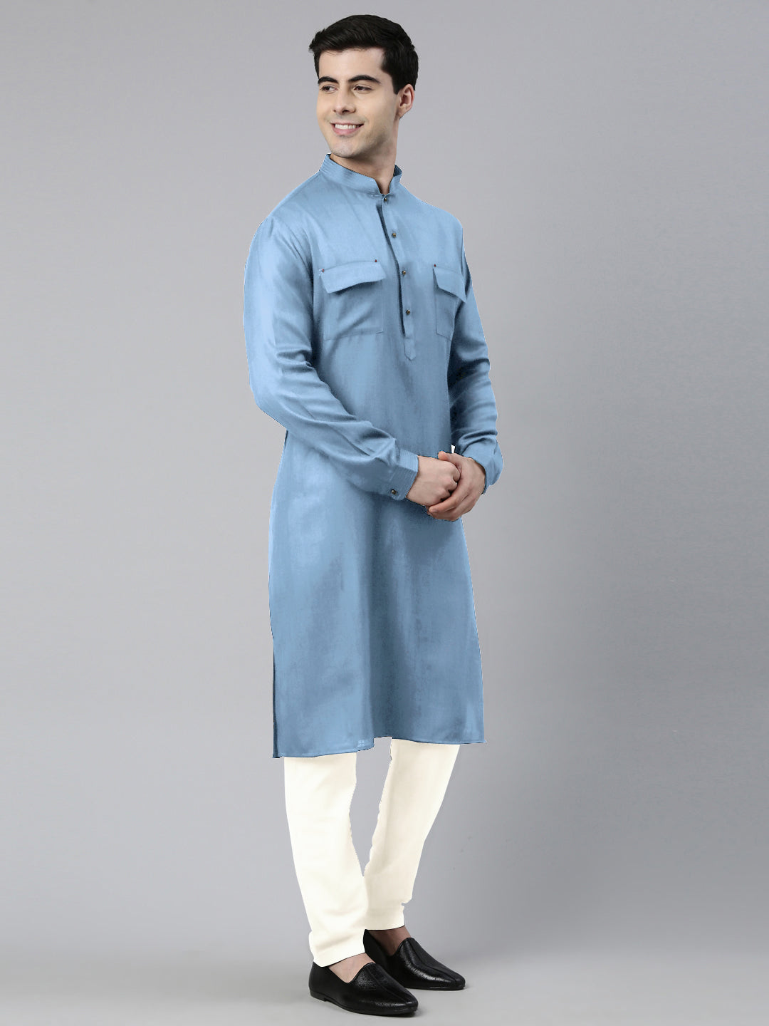 Light Blue Cotton Pathani Kurta Set with Patch pocket