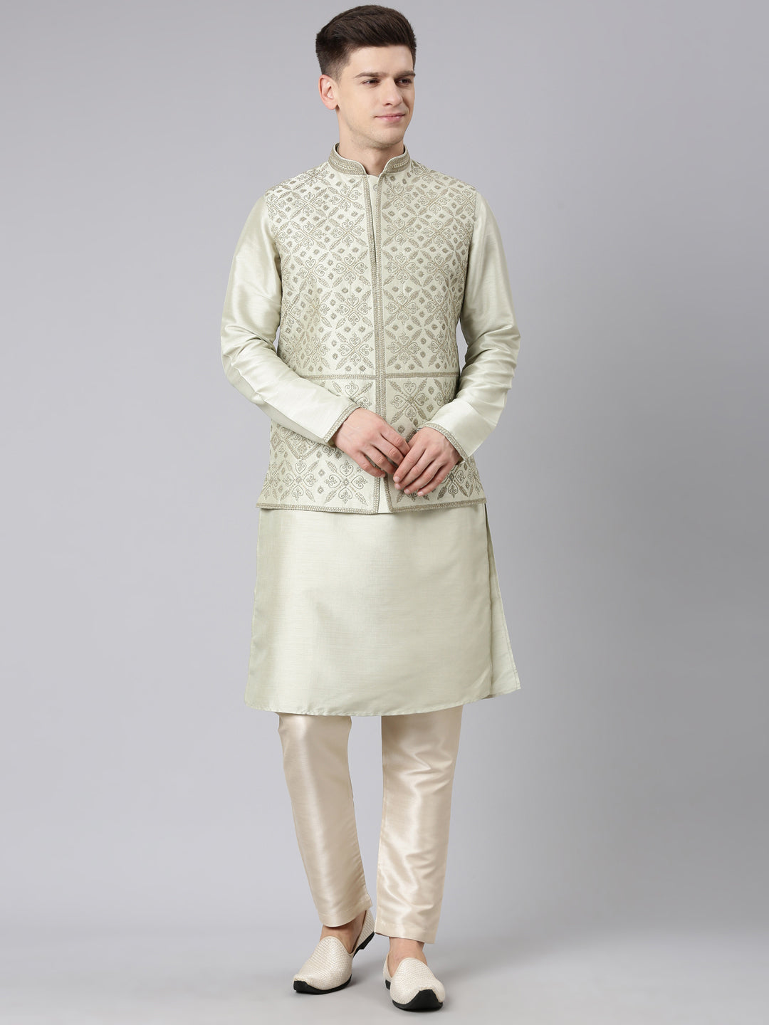 Olive Green Dori Embroidery Jacket  Kurta Set