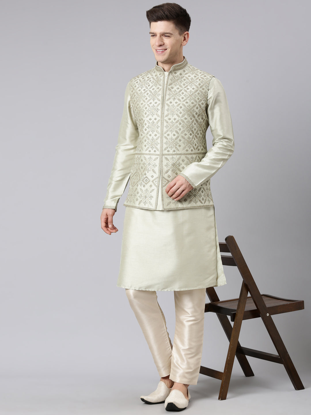 Olive Green Dori Embroidery Jacket  Kurta Set