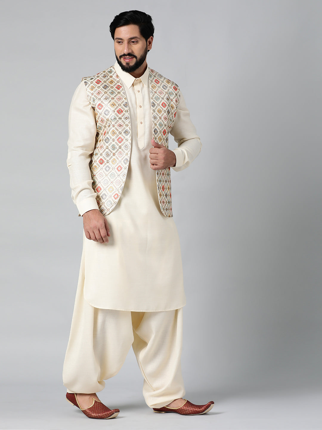 Cream Ethnic Jacket With Pathani Set