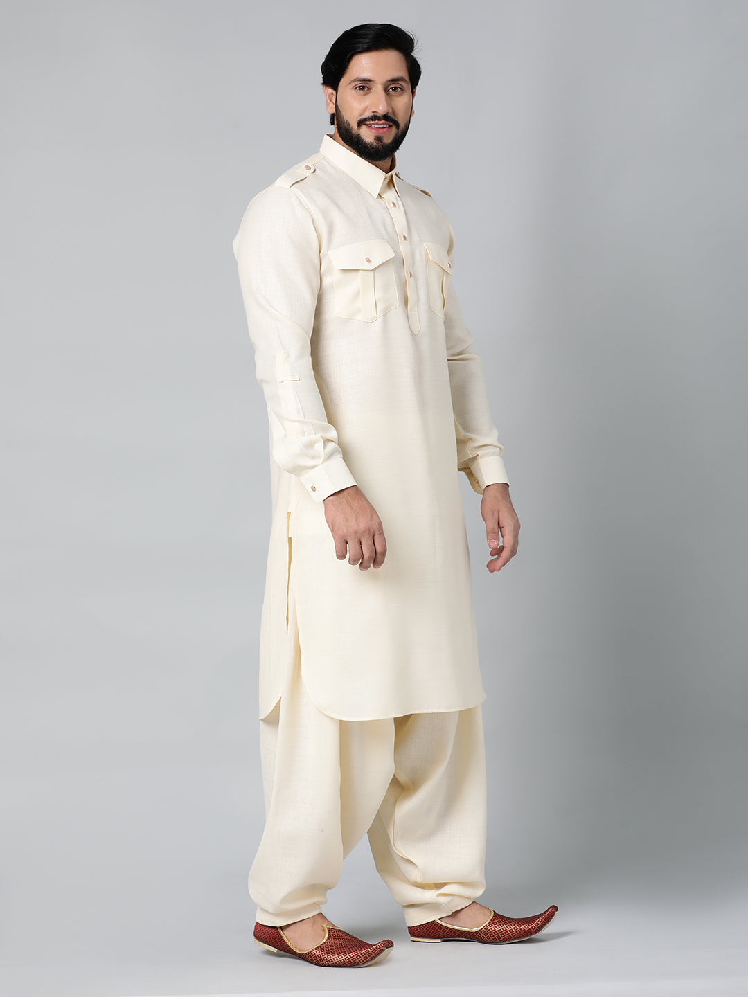 Cream Ethnic Jacket With Pathani Set