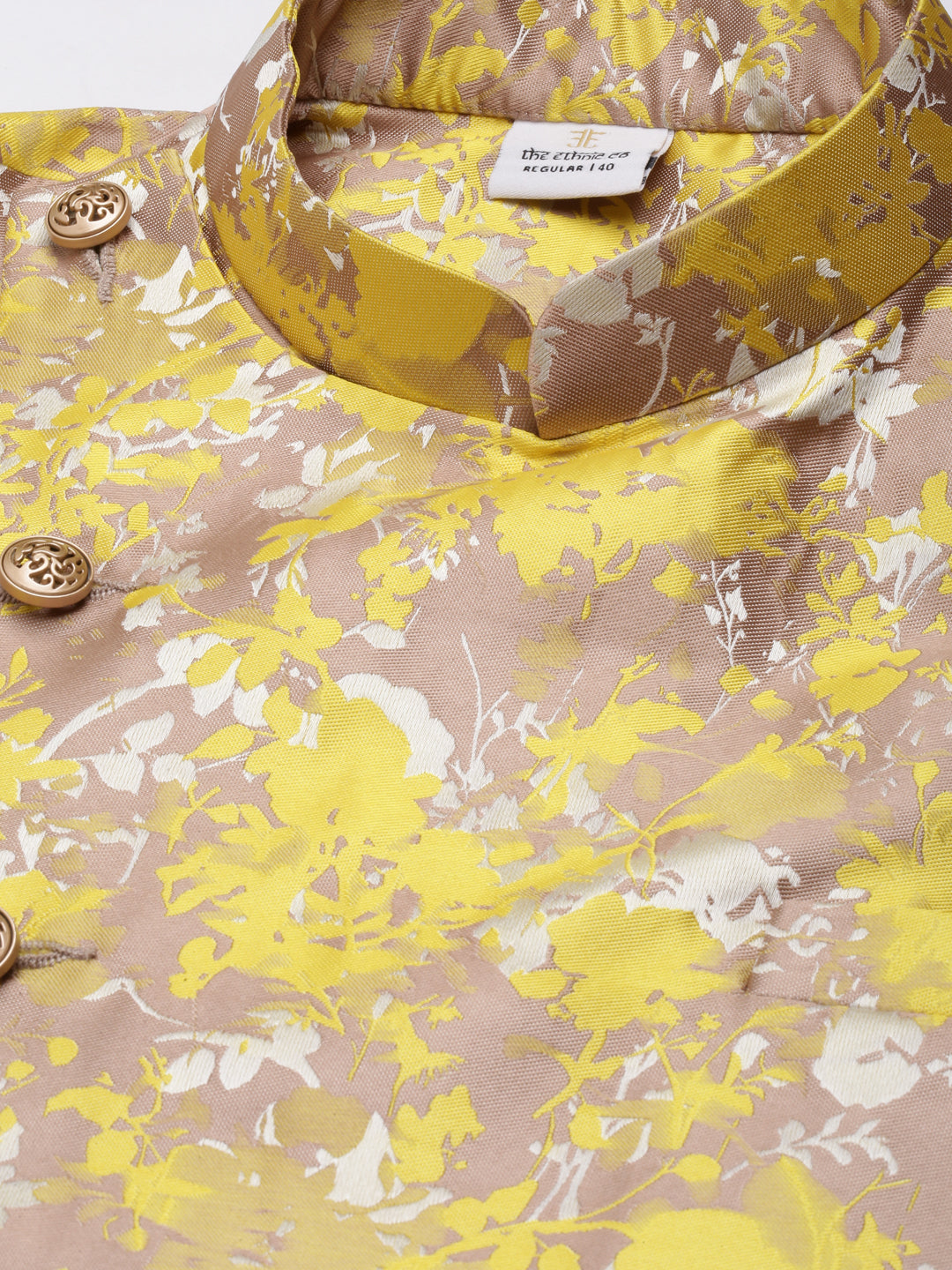 Yellow Floral Jacquard Angrakha Jacket With Beige Kurta