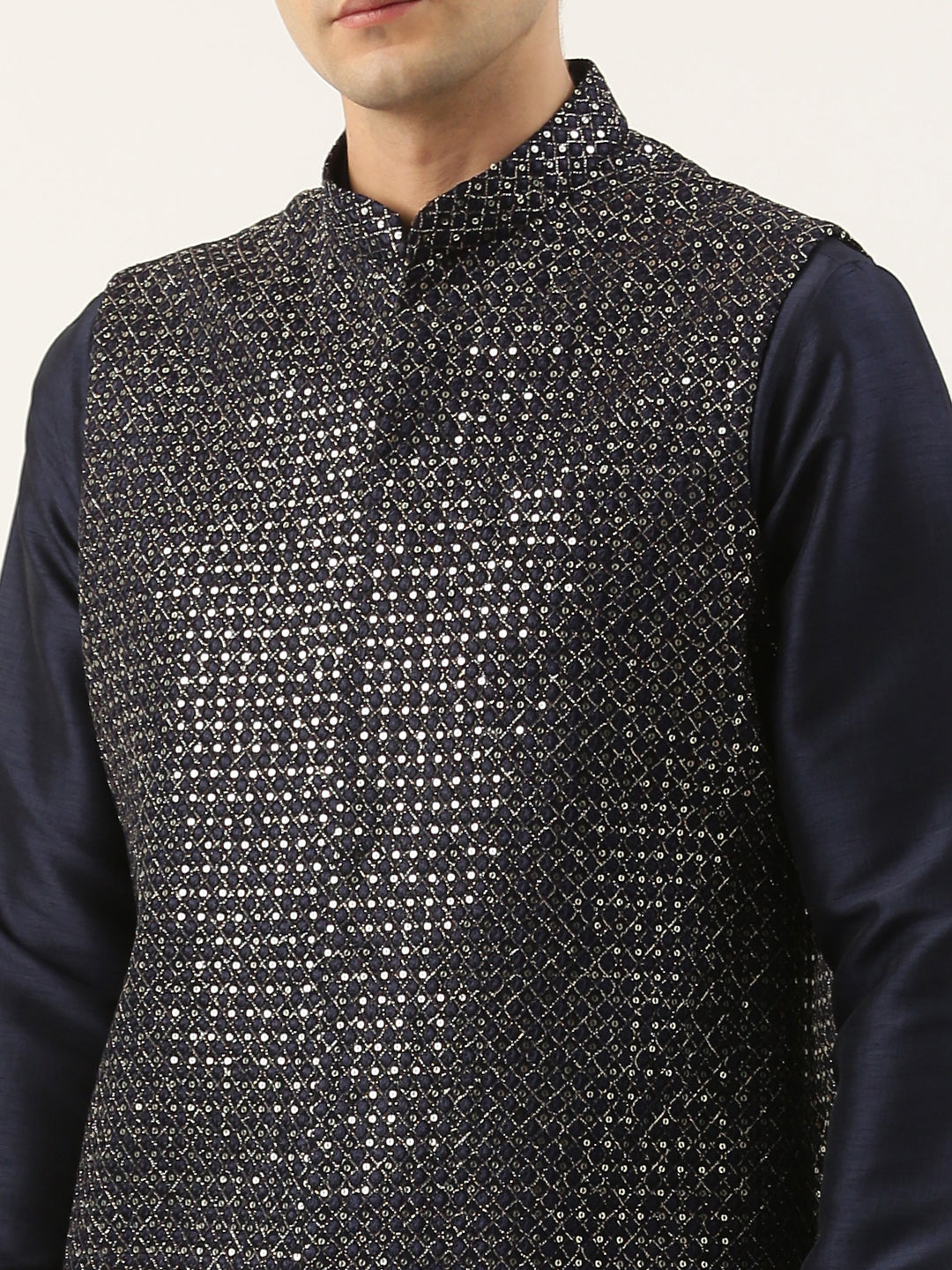 Navy Embroidered Jacket Kurta Set