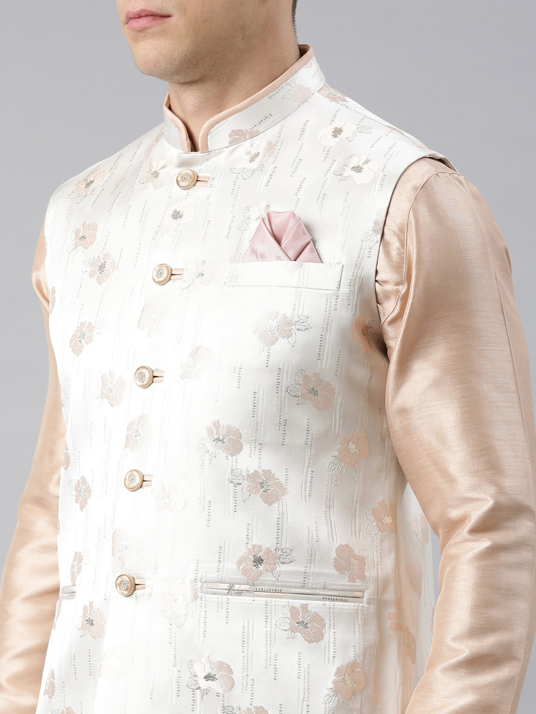 Cream Peach Jacquard Jacket with Peach Kurta Set