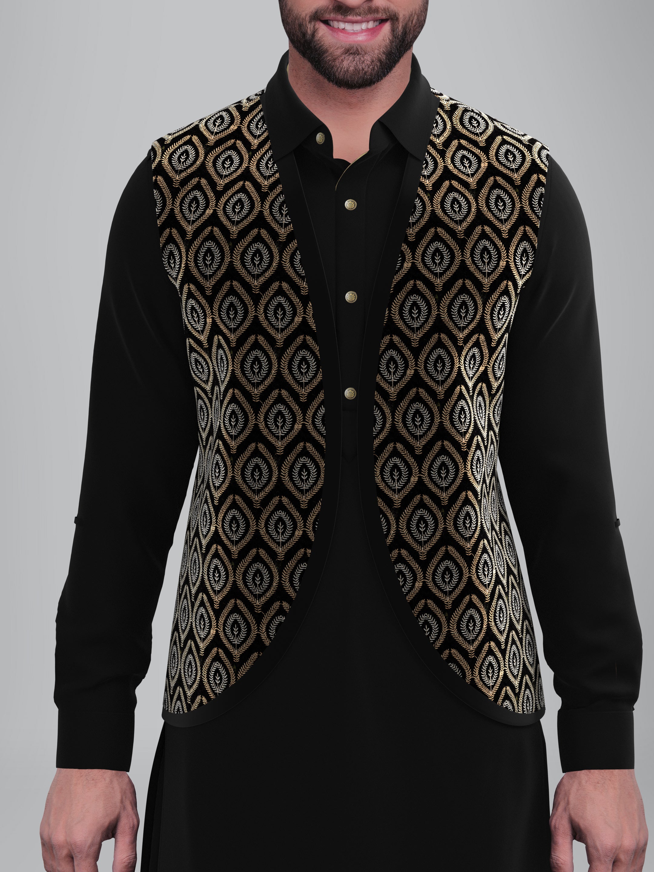 Black Velvet Embroidered Jacket Pathani Kurta Set