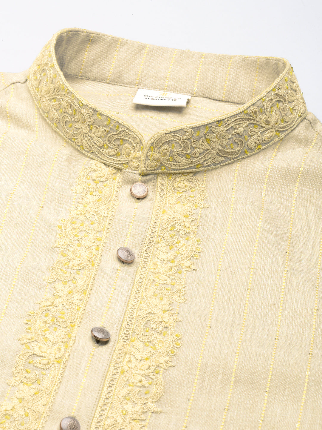 Cream Yellow Linen Embroidered Kurta