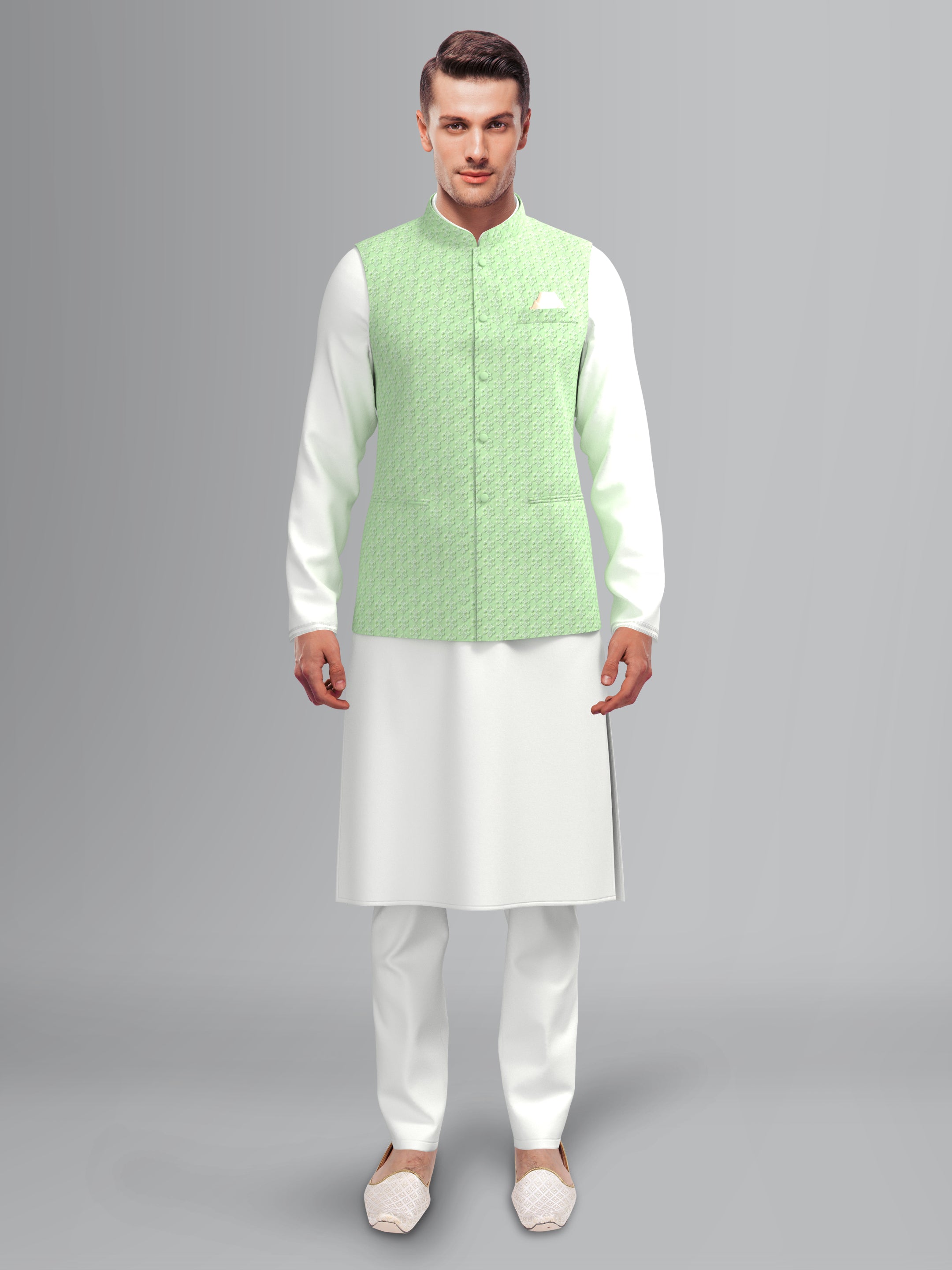 Men's Light Green Jacket Kurta with Handwork | for Weddings