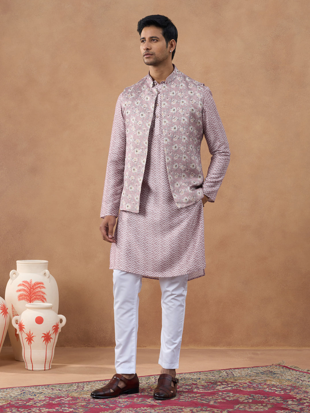 Pastel Pink Floral Jacket & Kurta Set