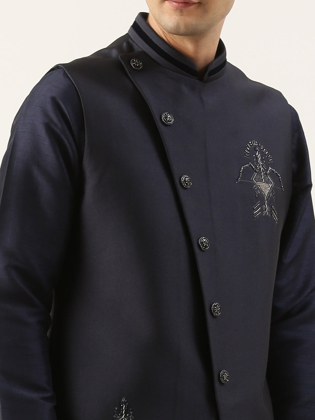 Navy Embroidered Jacket Kurta Set