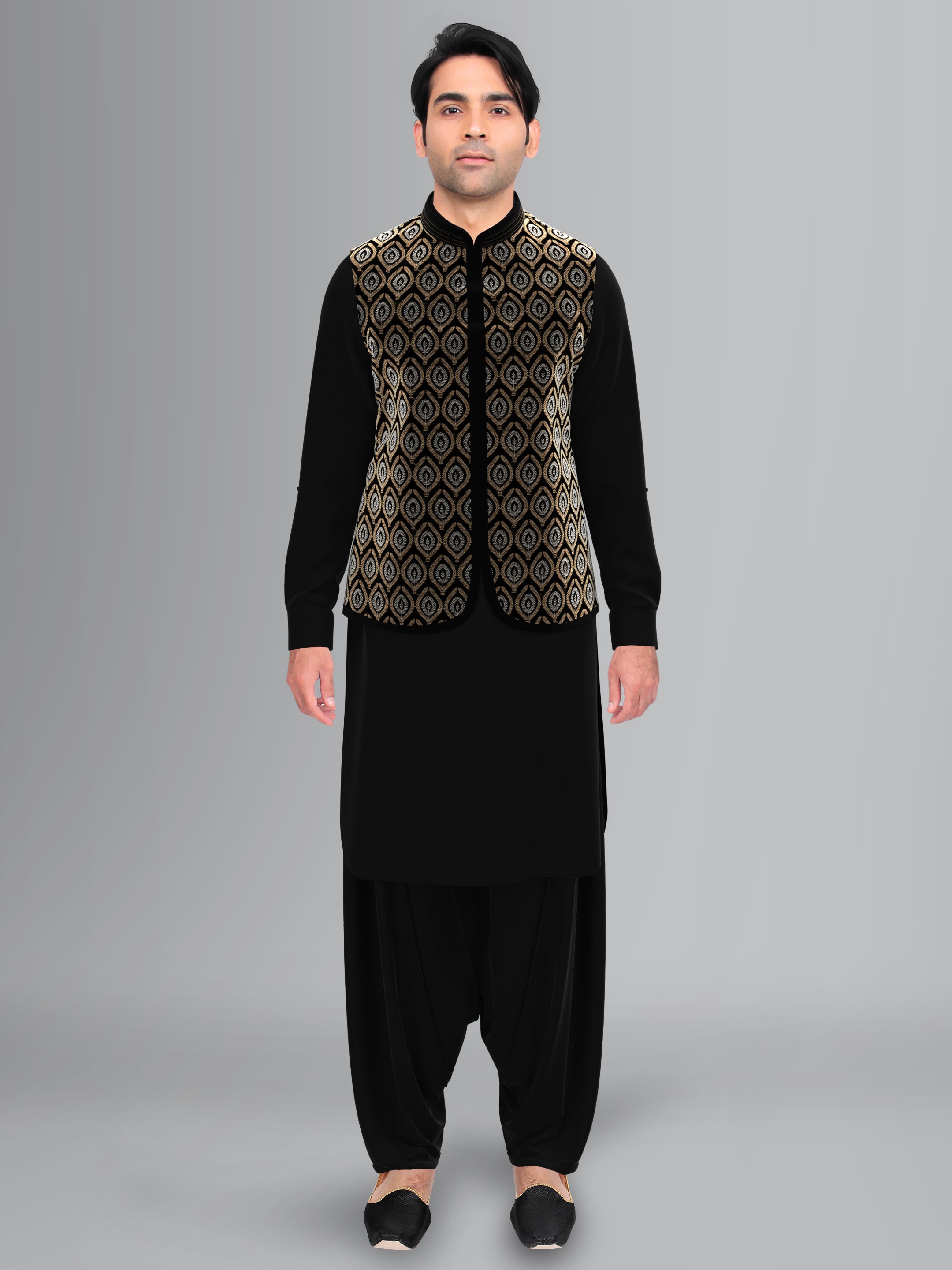 Black Velvet Embroidered Jacket Pathani Kurta Set