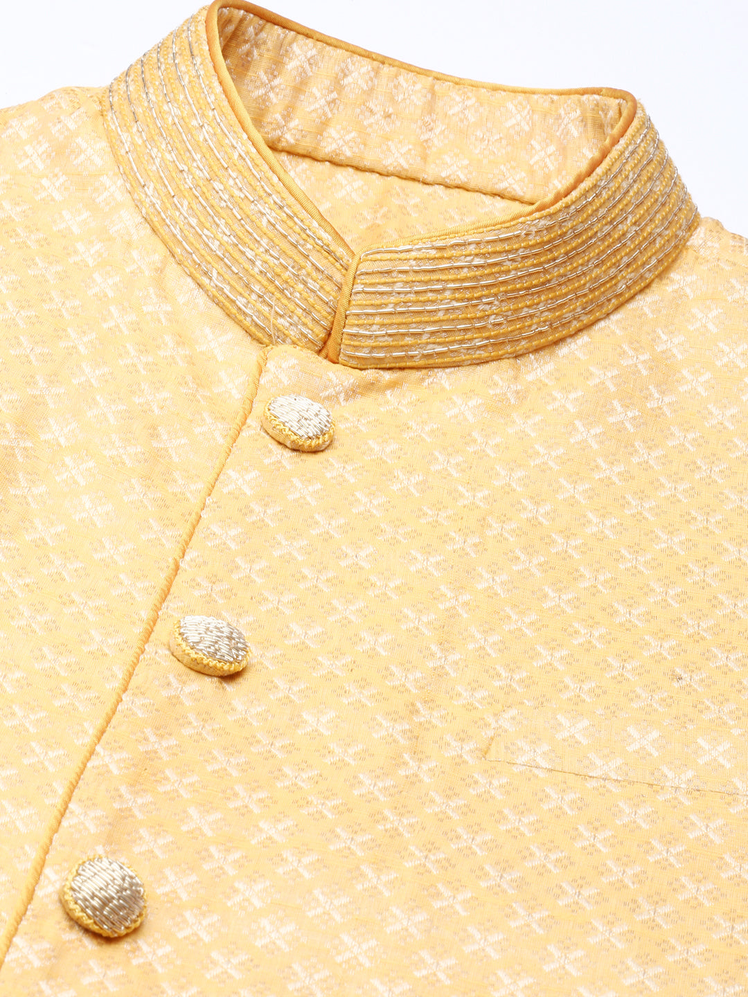 Mustard Geometric Jacquard Jacket With Kurta Set