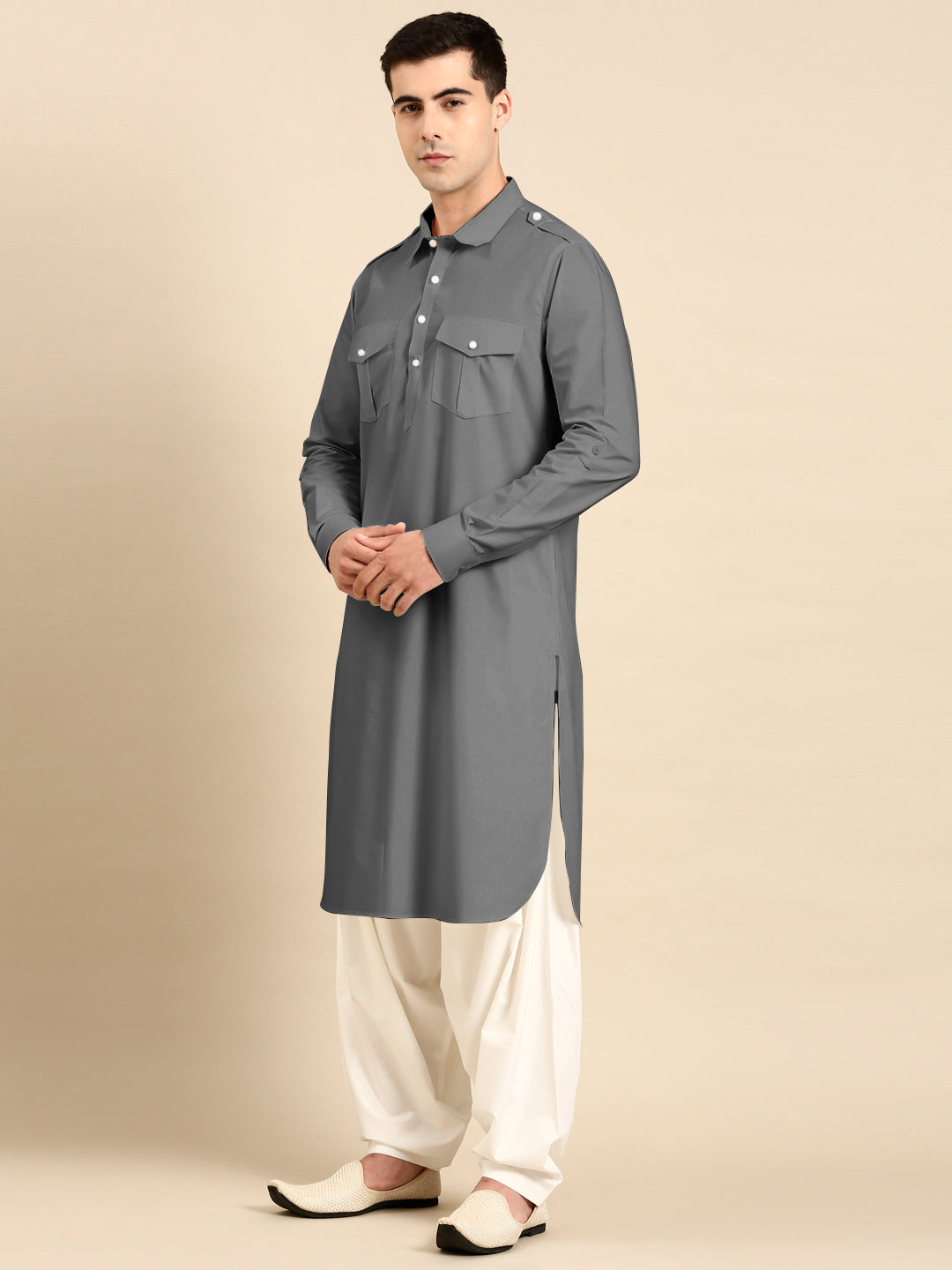 Grey fine Cotton Pathani with Salwar