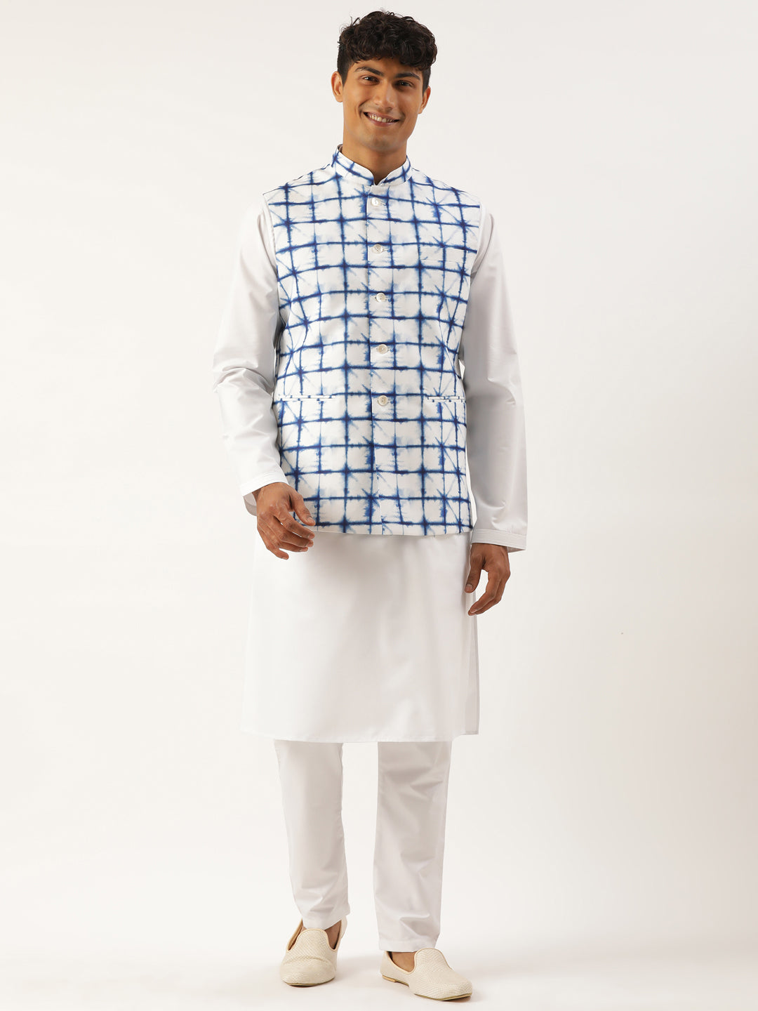 White Cotton Blue Tie Dye Jacket with White Kurta