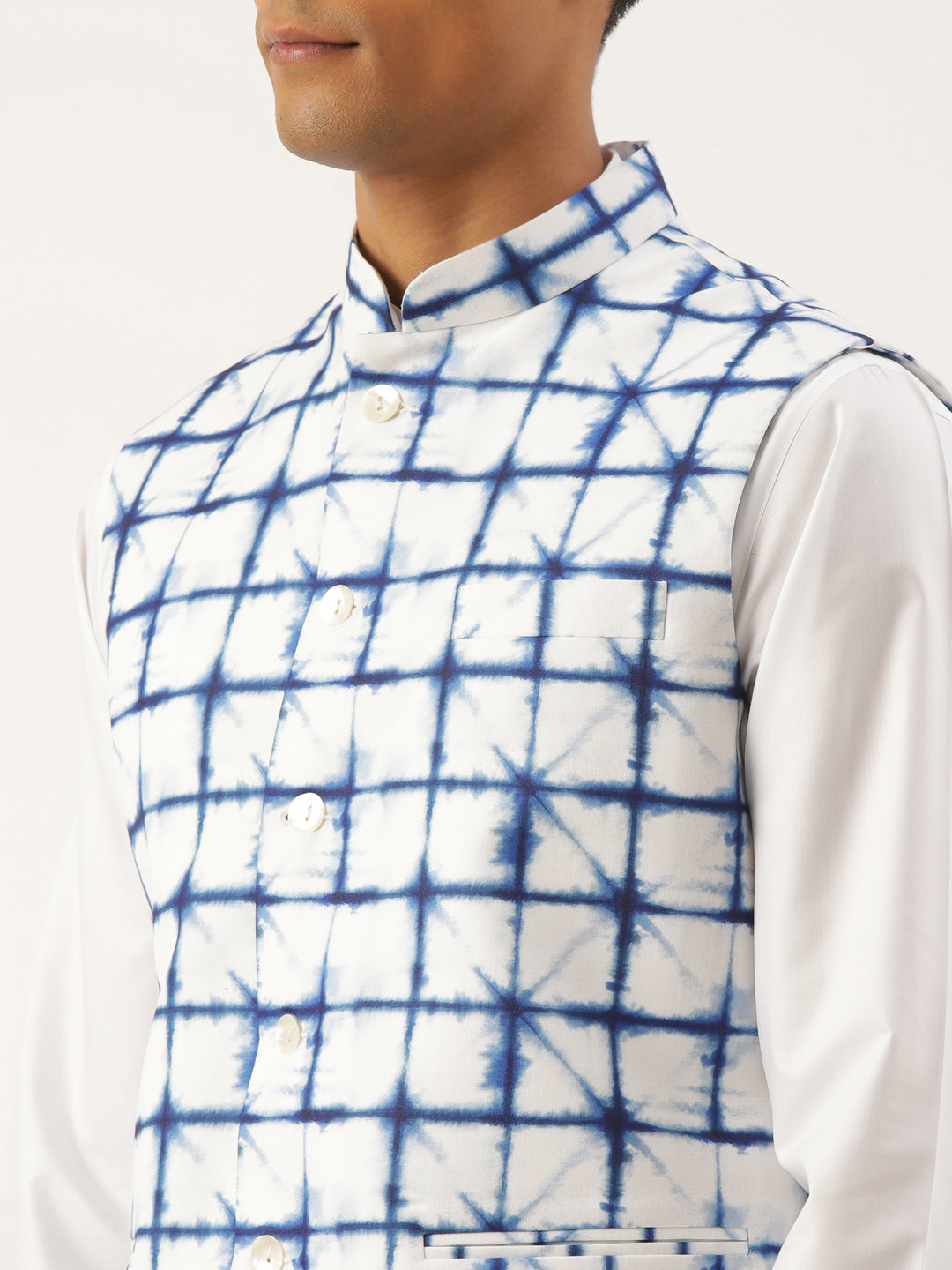 White Cotton Blue Tie Dye Jacket with White Kurta