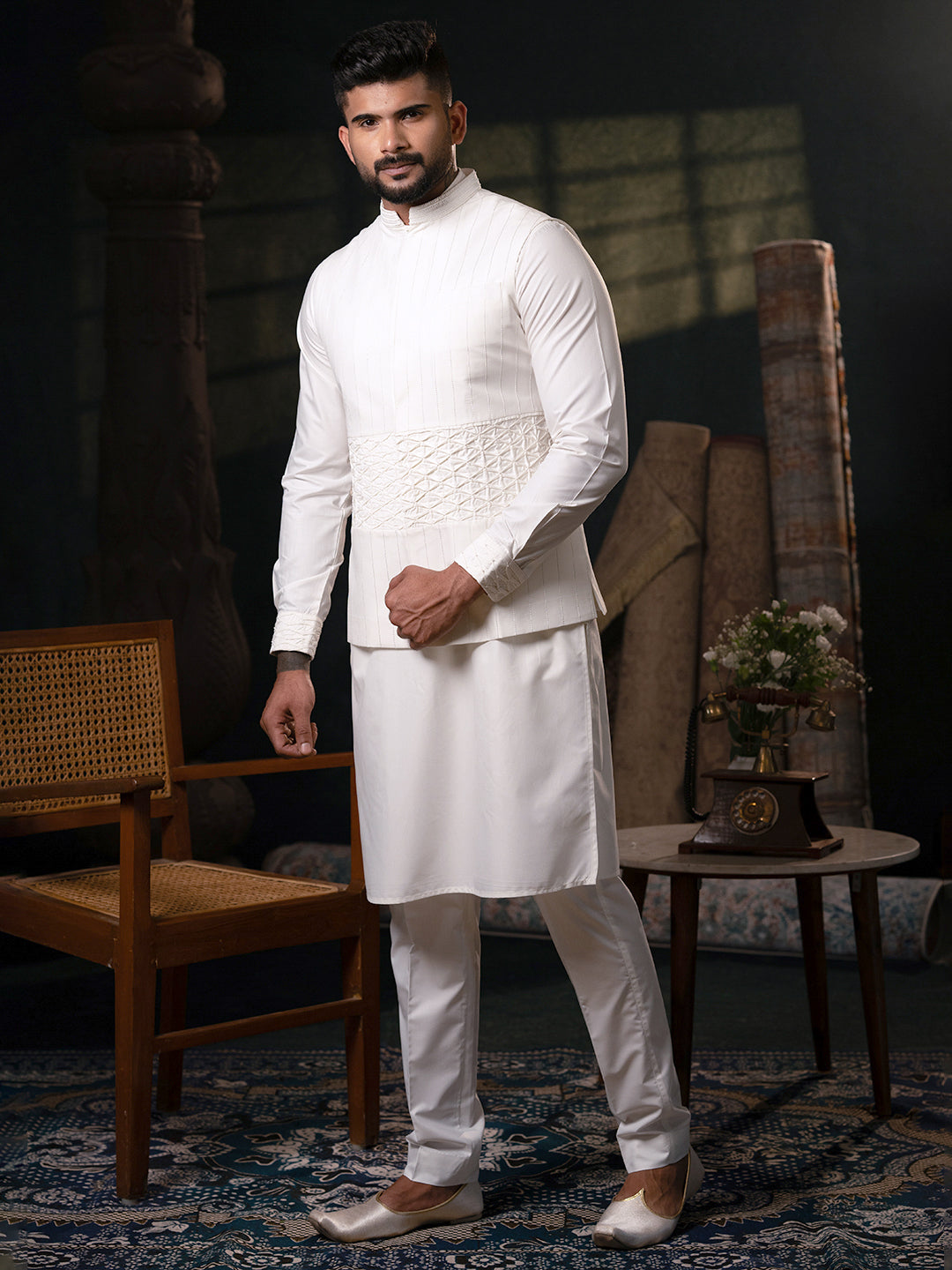 White Cotton Jacket Kurta Set