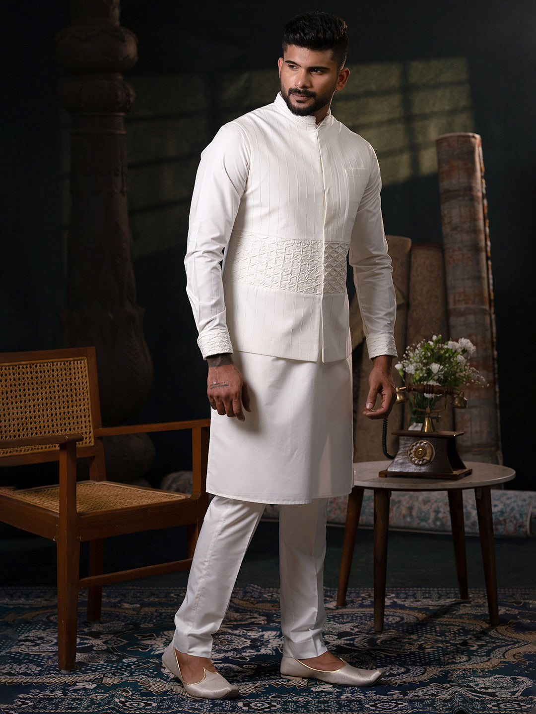 White Cotton Jacket Kurta Set