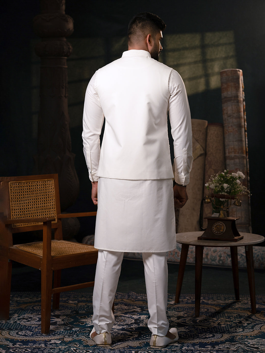 White Cotton Jacket Kurta Set