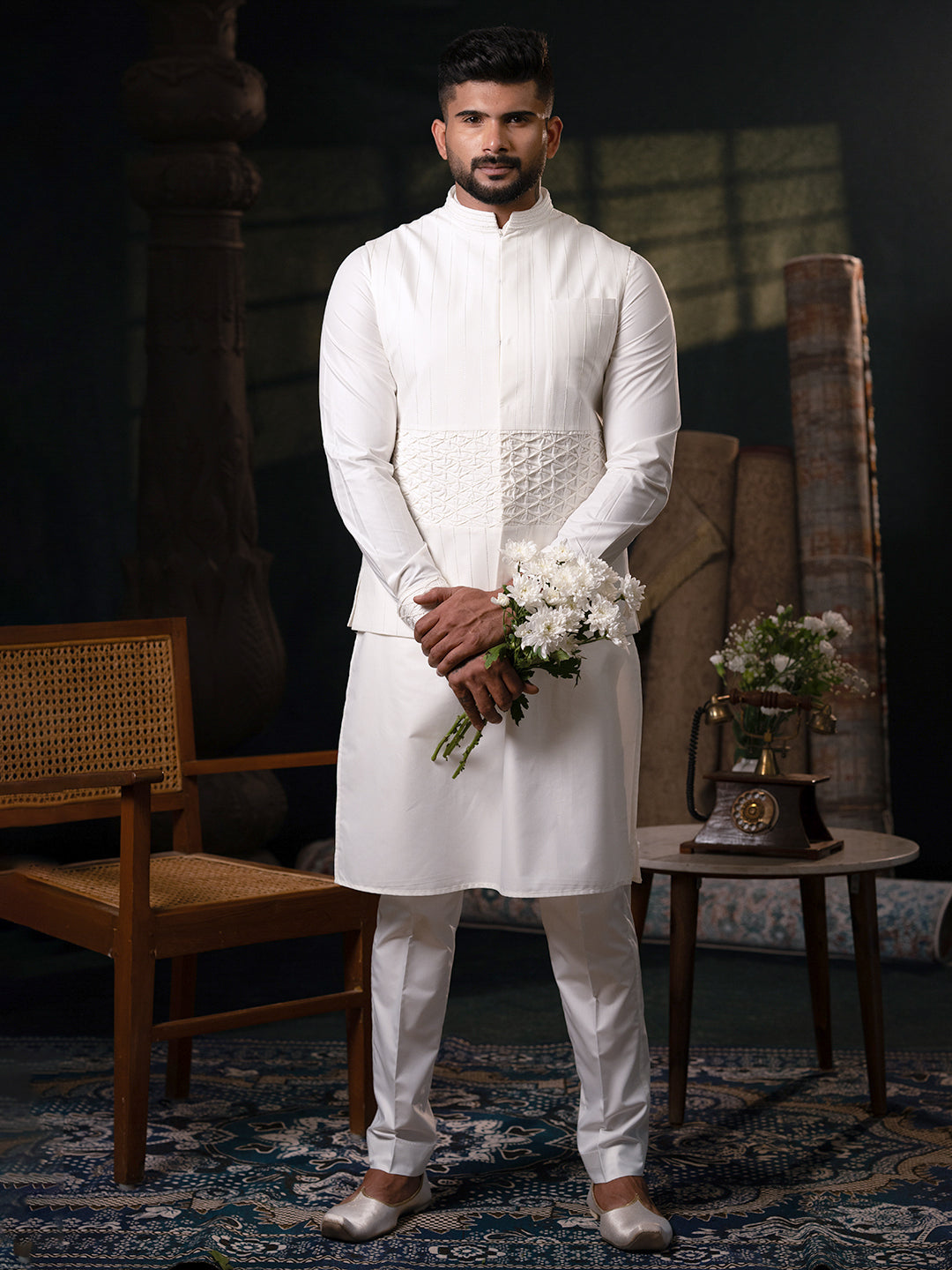 White Cotton Jacket Kurta Set