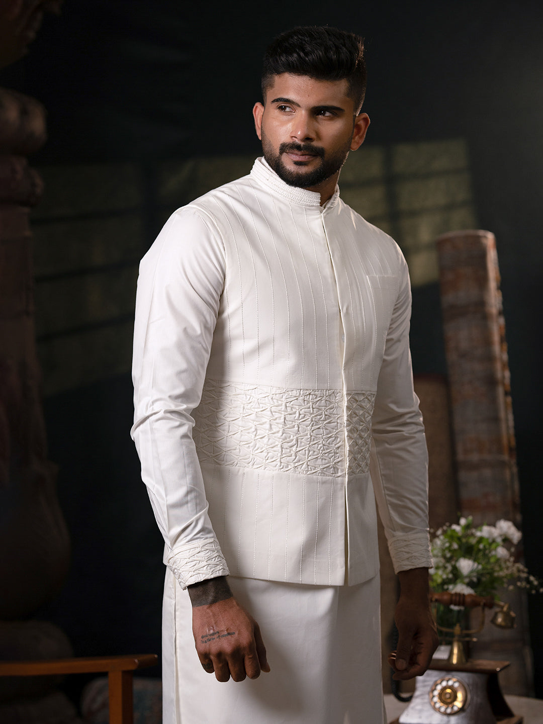 White Cotton Jacket Kurta Set