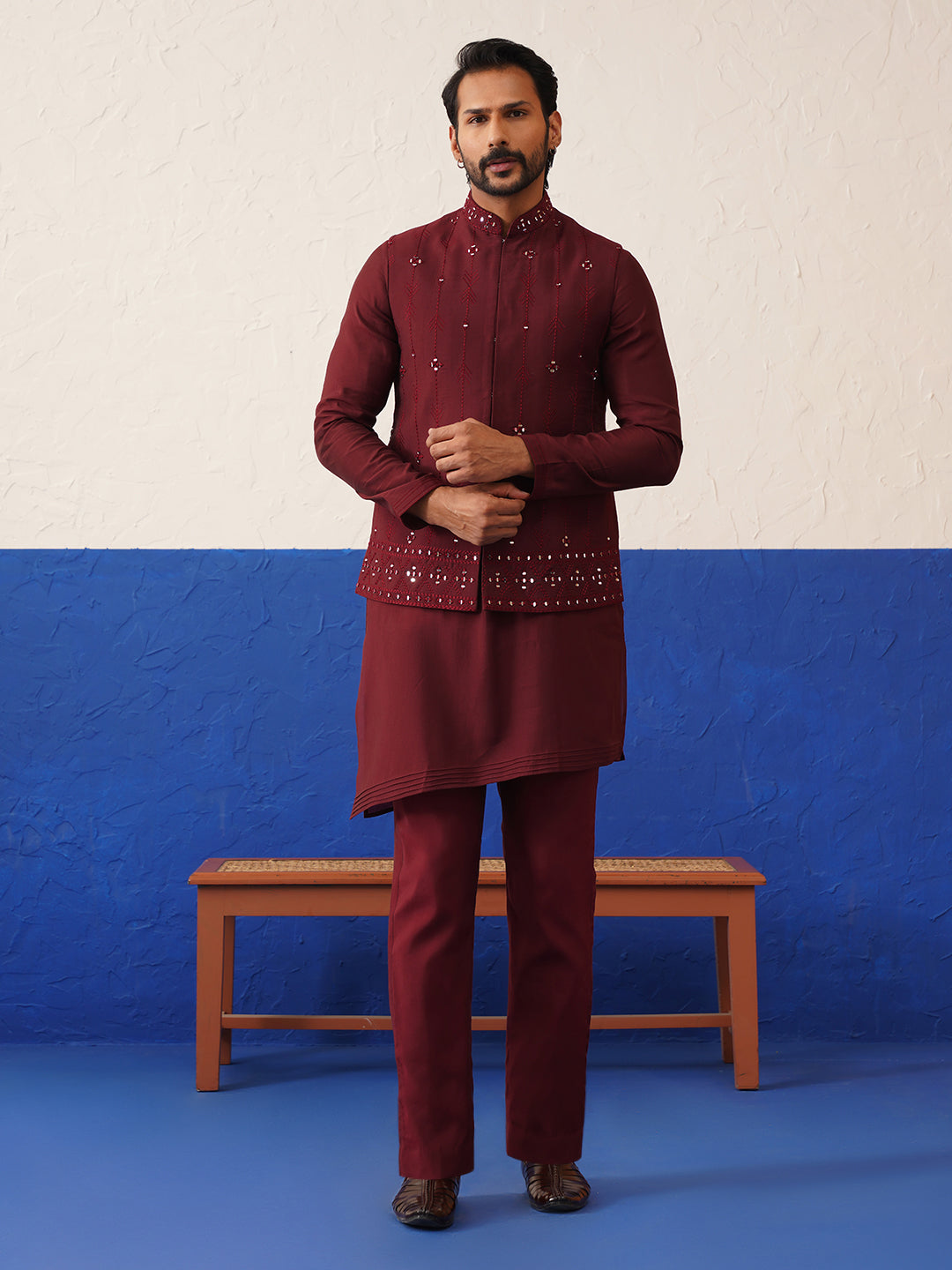 Maroon Mirror Embroidered Jacket Kurta Set