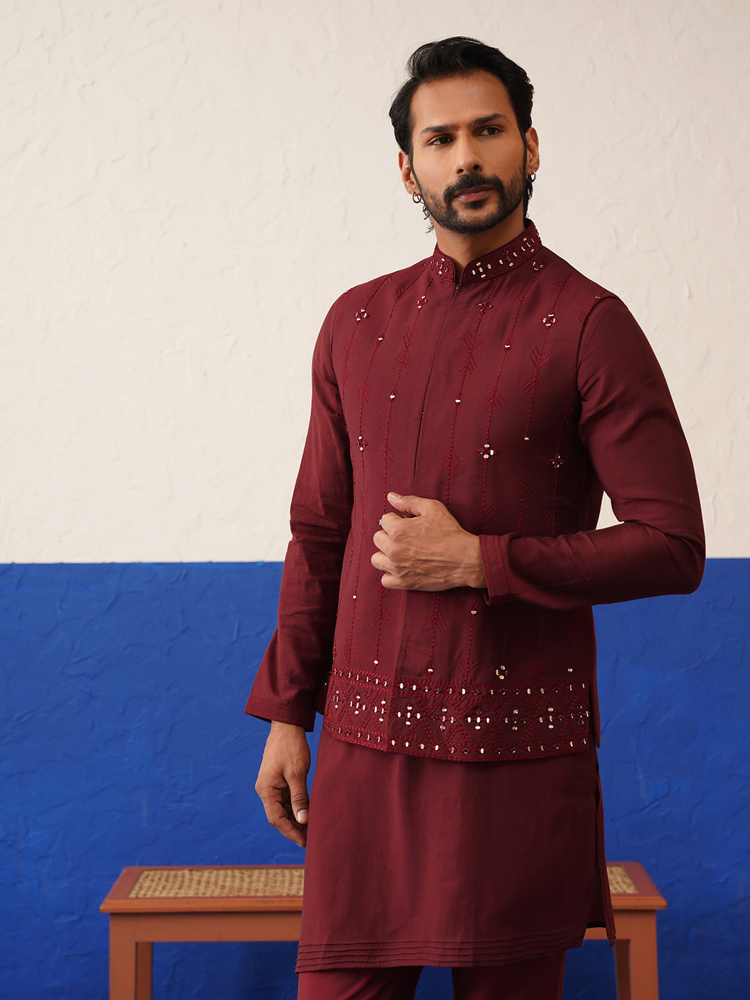 Maroon Mirror Embroidered Jacket Kurta Set