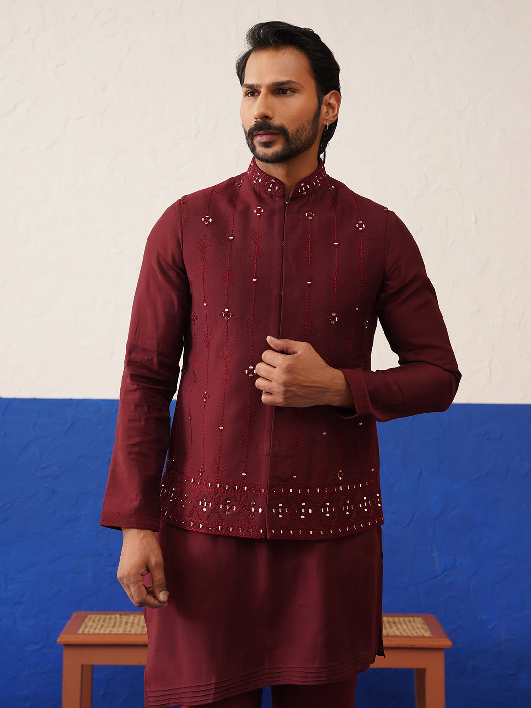 Maroon Mirror Embroidered Jacket Kurta Set