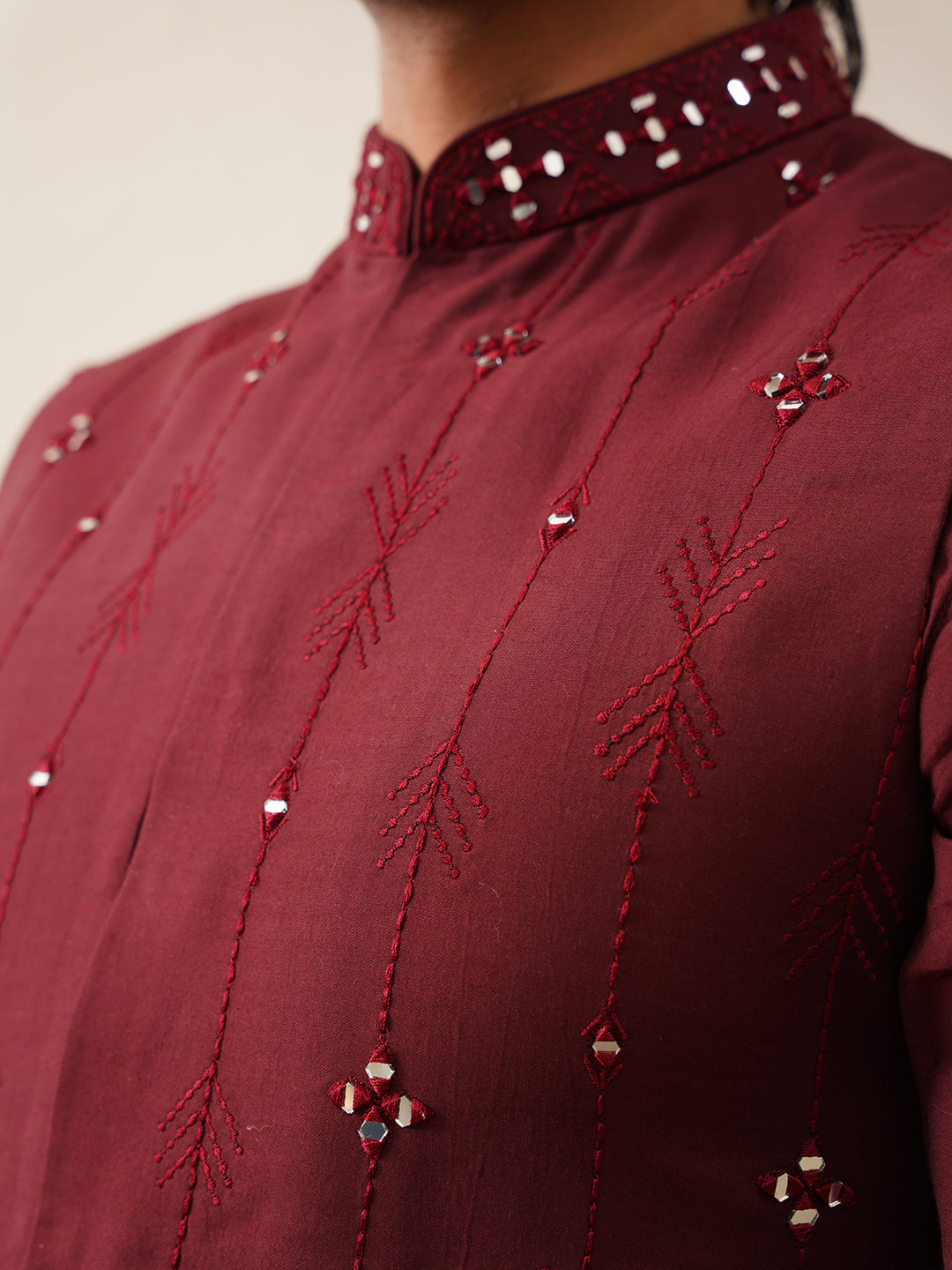 Maroon Mirror Embroidered Jacket Kurta Set