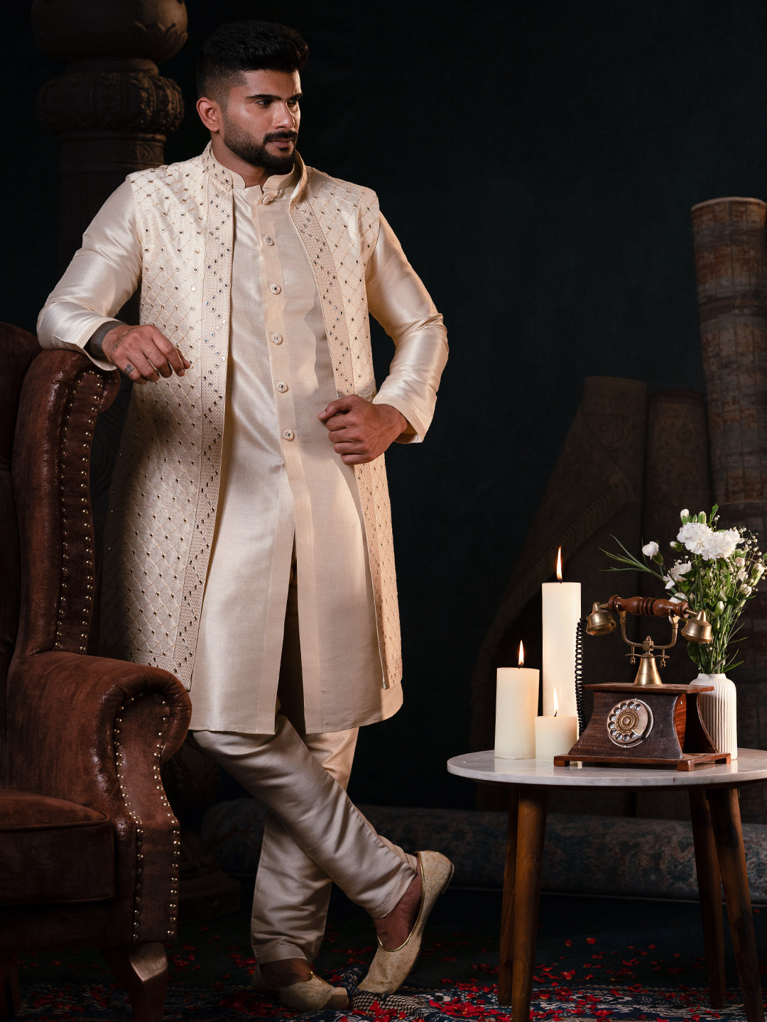 Cream Mirror Embroidery open Jacket Kurta Set