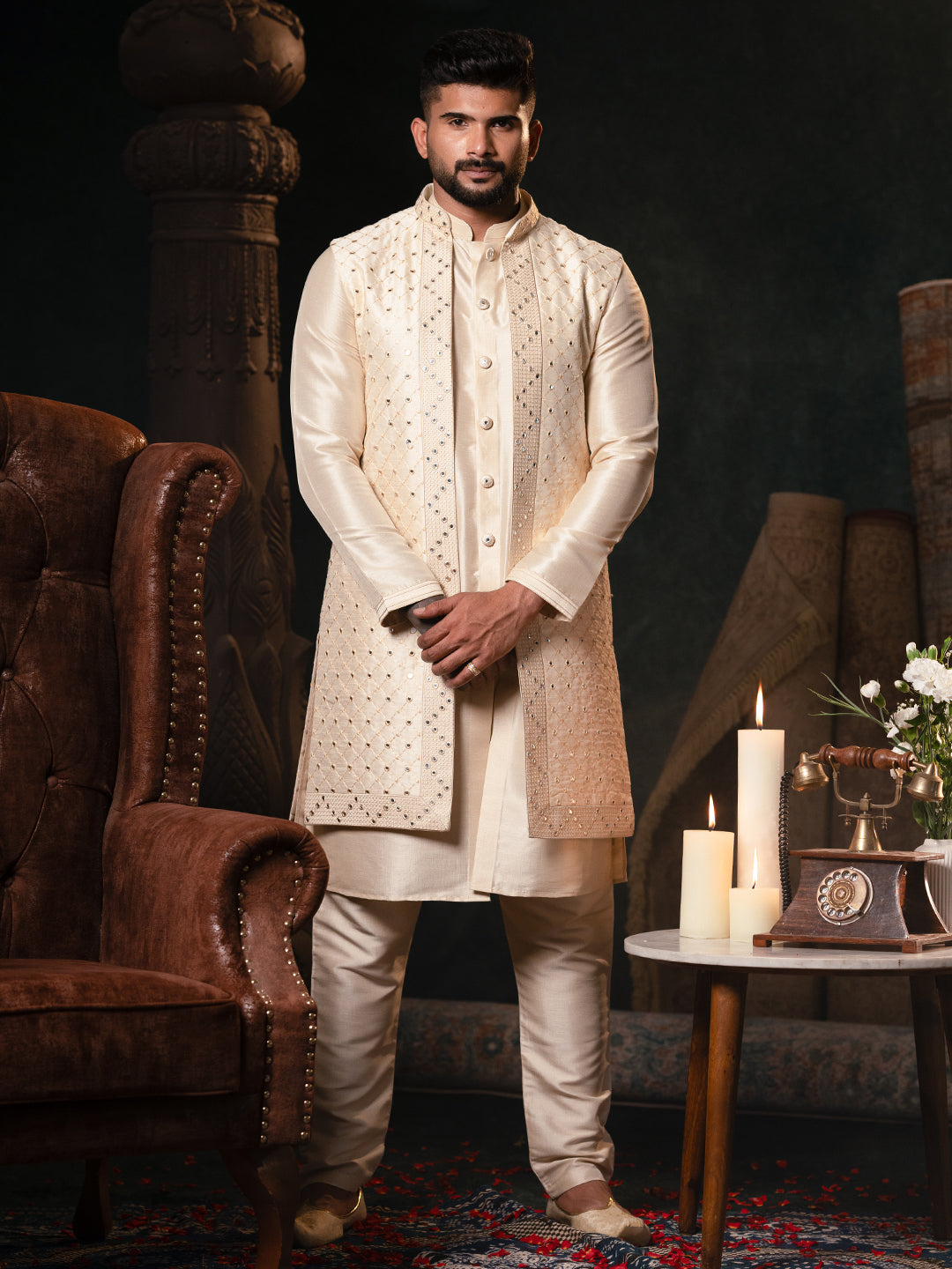 Cream Mirror Embroidery open Jacket Kurta Set