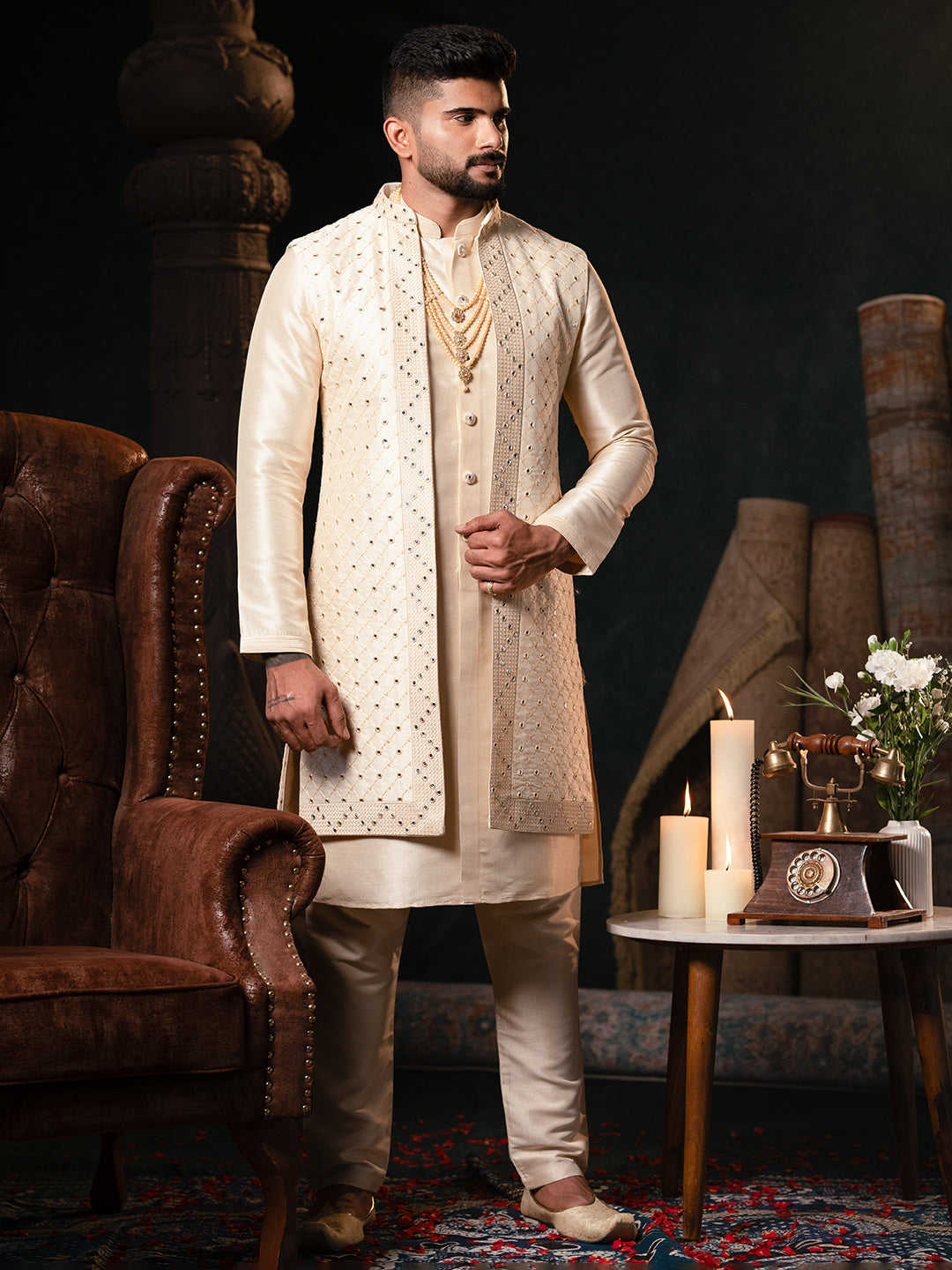 Cream Mirror Embroidery open Jacket Kurta Set