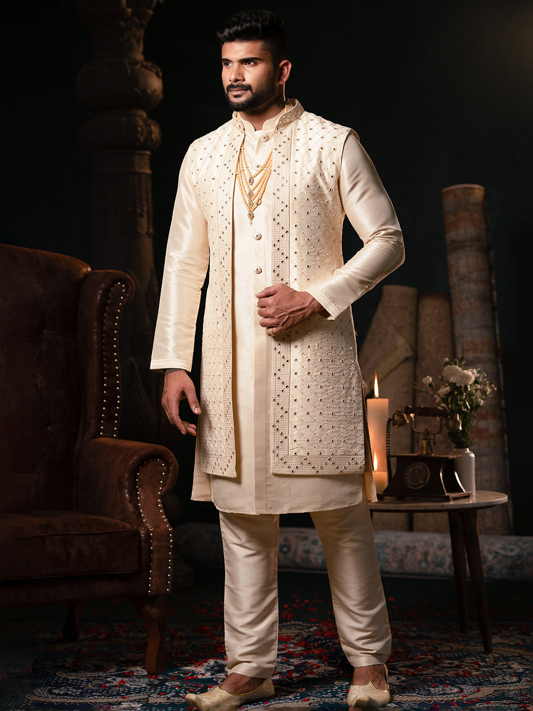 Cream Mirror Embroidery open Jacket Kurta Set