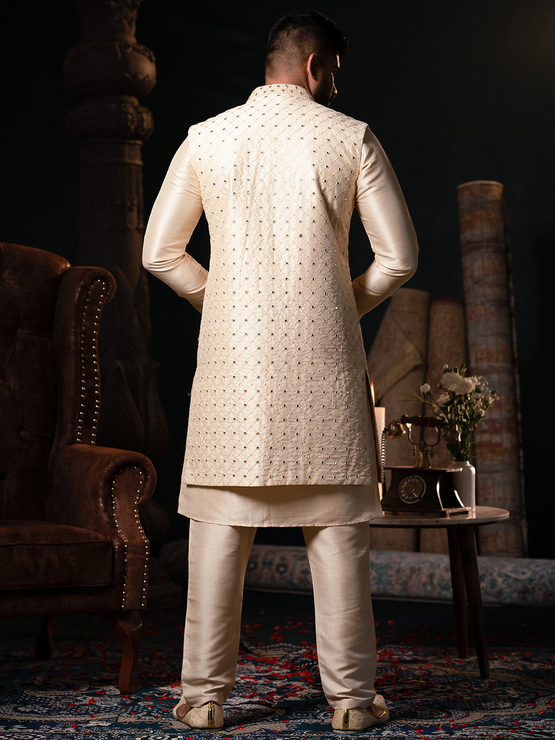 Cream Mirror Embroidery open Jacket Kurta Set