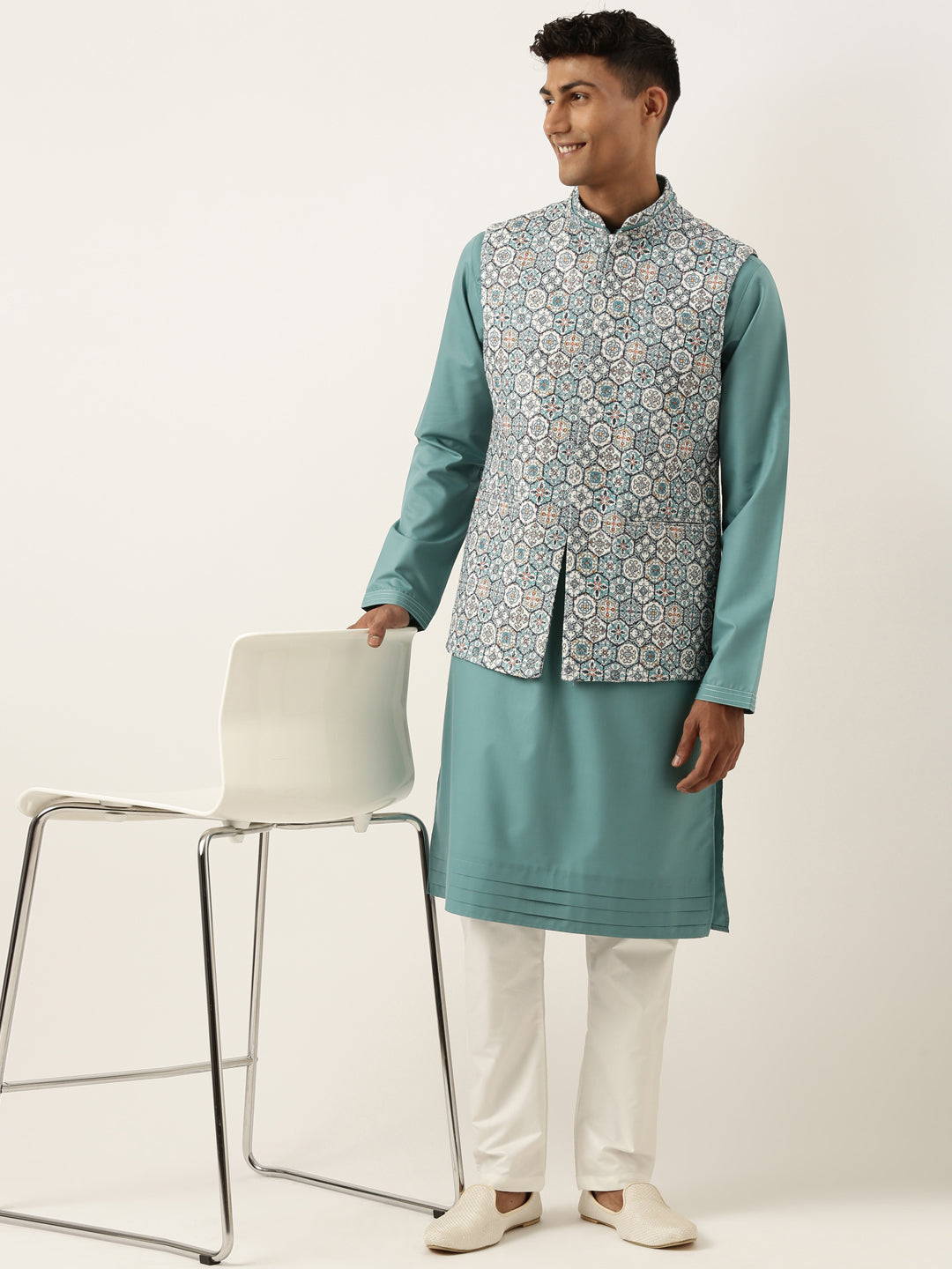 Cotton Printed Embroidered Jacket Kurta Set