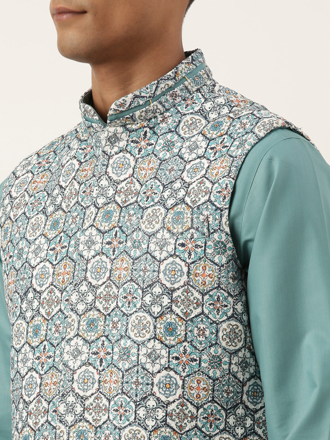 Cotton Printed Embroidered Jacket Kurta Set