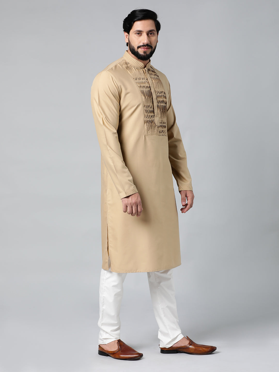 Beige Cotton Shell Tucks Embroidered Cotton Kurta Set