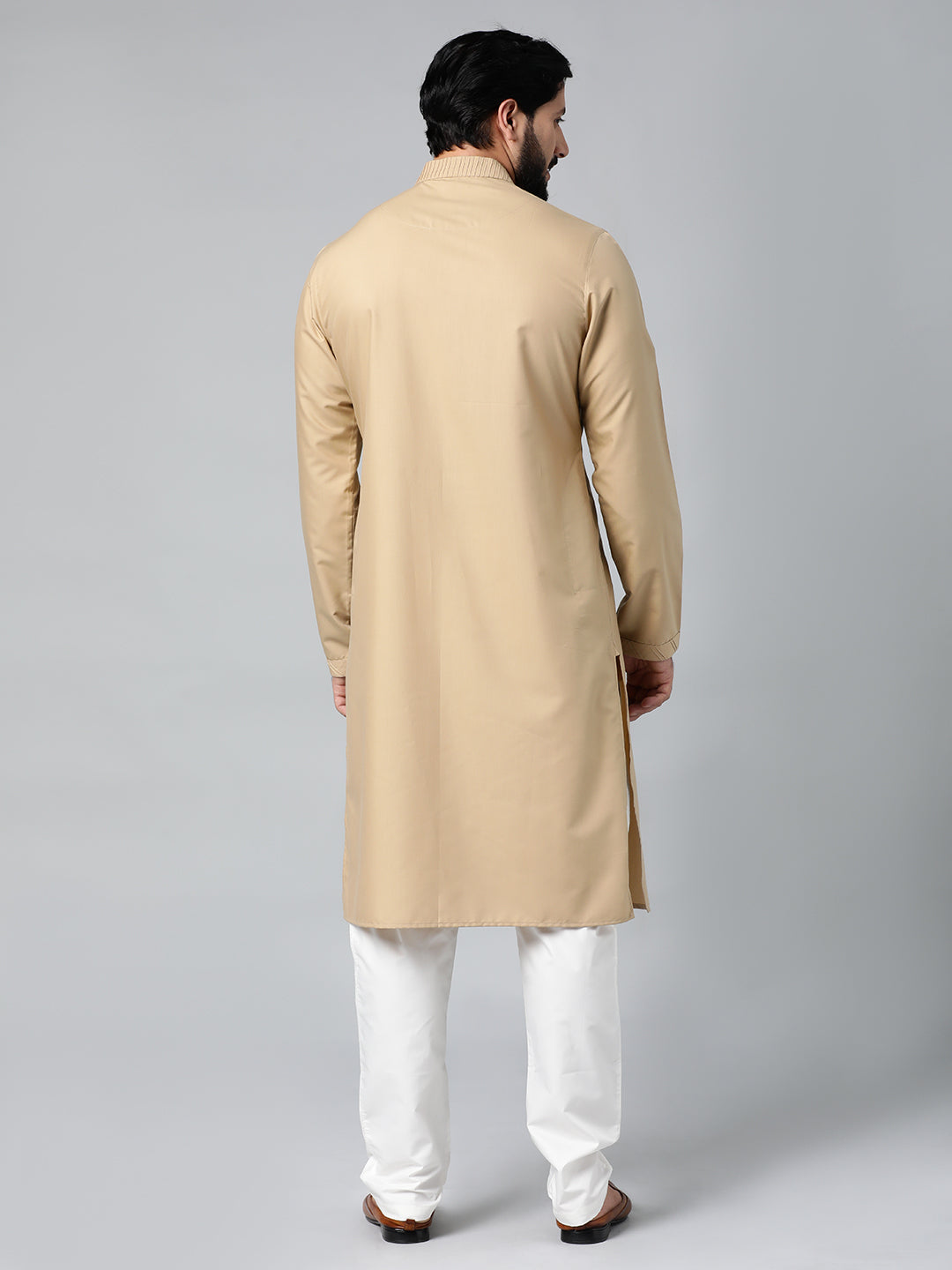 Beige Cotton Shell Tucks Embroidered Cotton Kurta Set