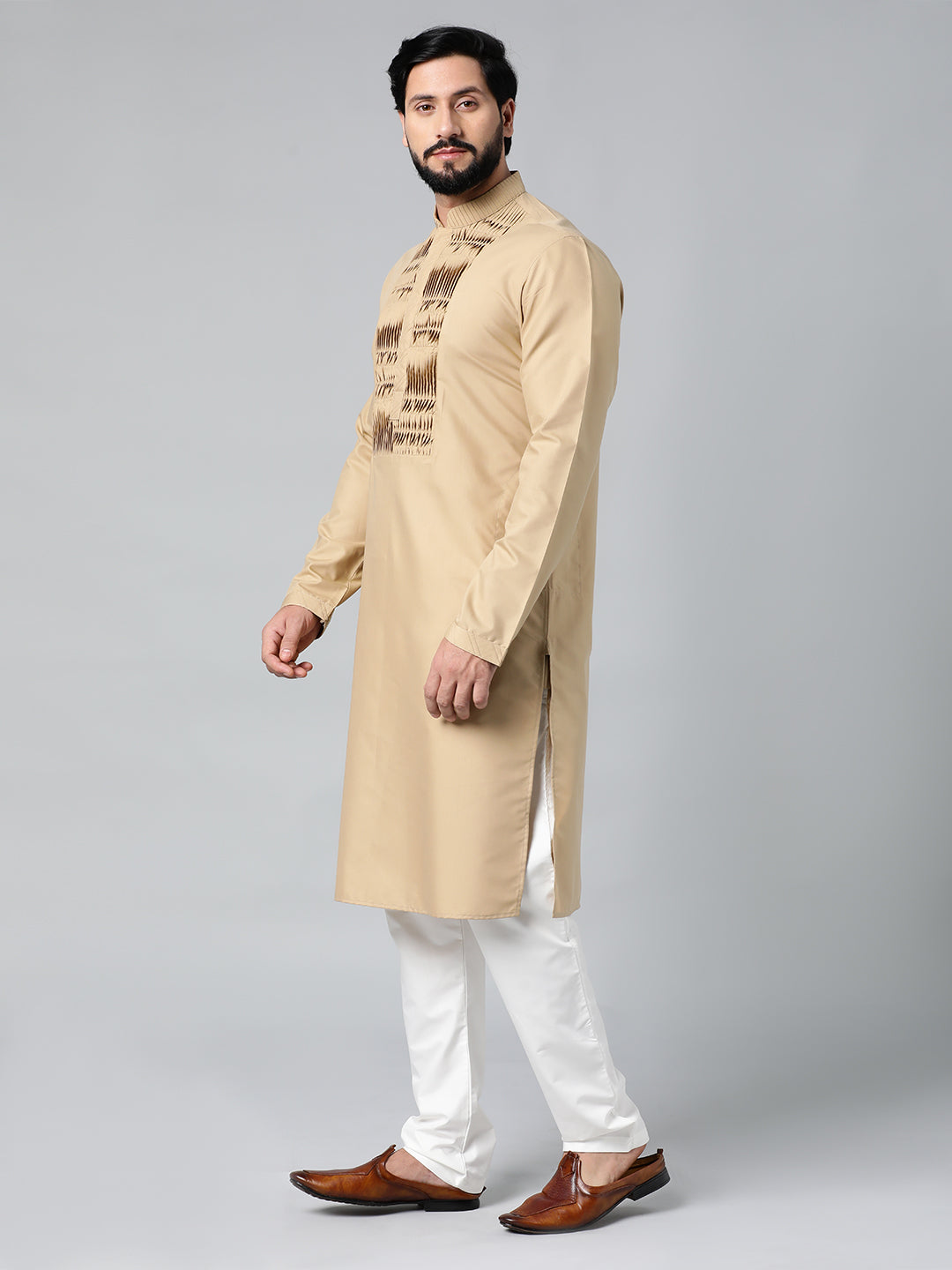 Beige Cotton Shell Tucks Embroidered Cotton Kurta Set