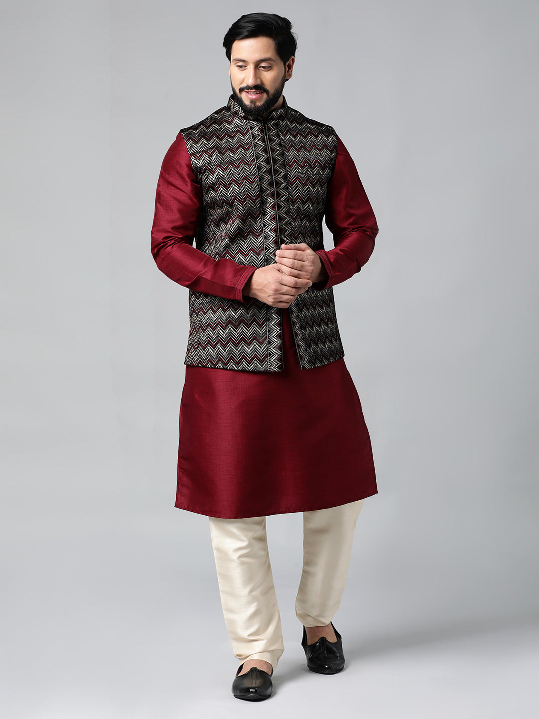 Black Velvet Embroidered Jacket Kurta Set