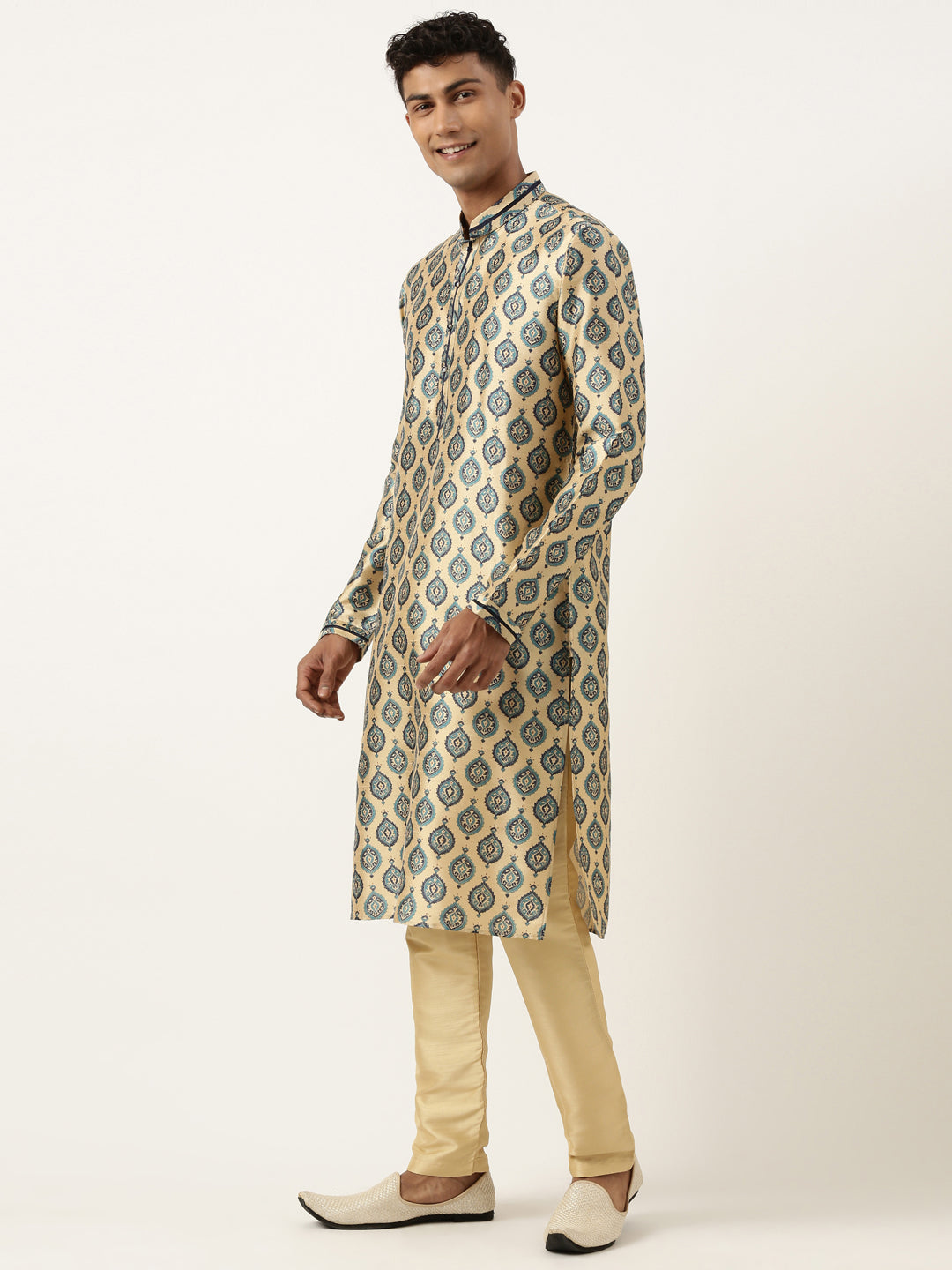 Navy Silk Jacket With Printed Kurta Set