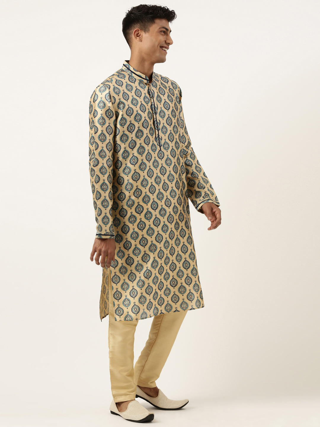 Navy Silk Jacket With Printed Kurta Set