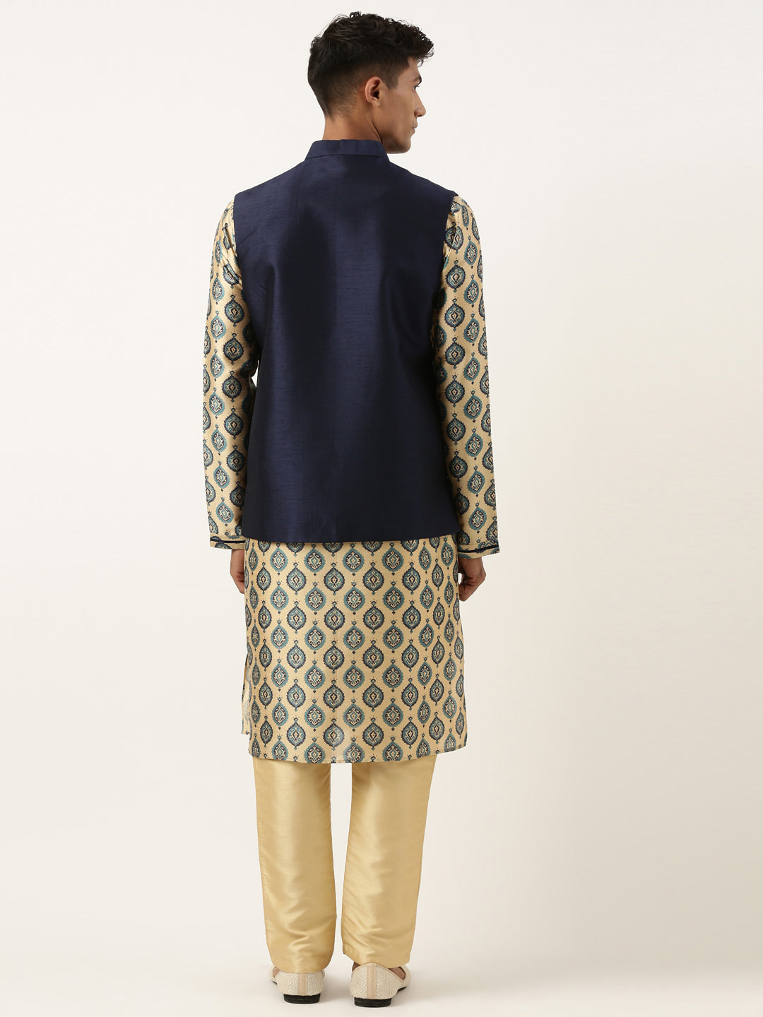 Navy Silk Jacket With Printed Kurta Set