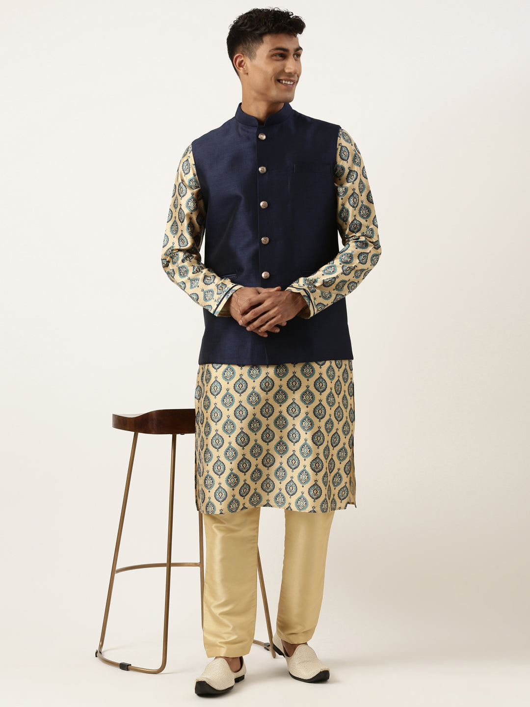 Navy Silk Jacket With Printed Kurta Set