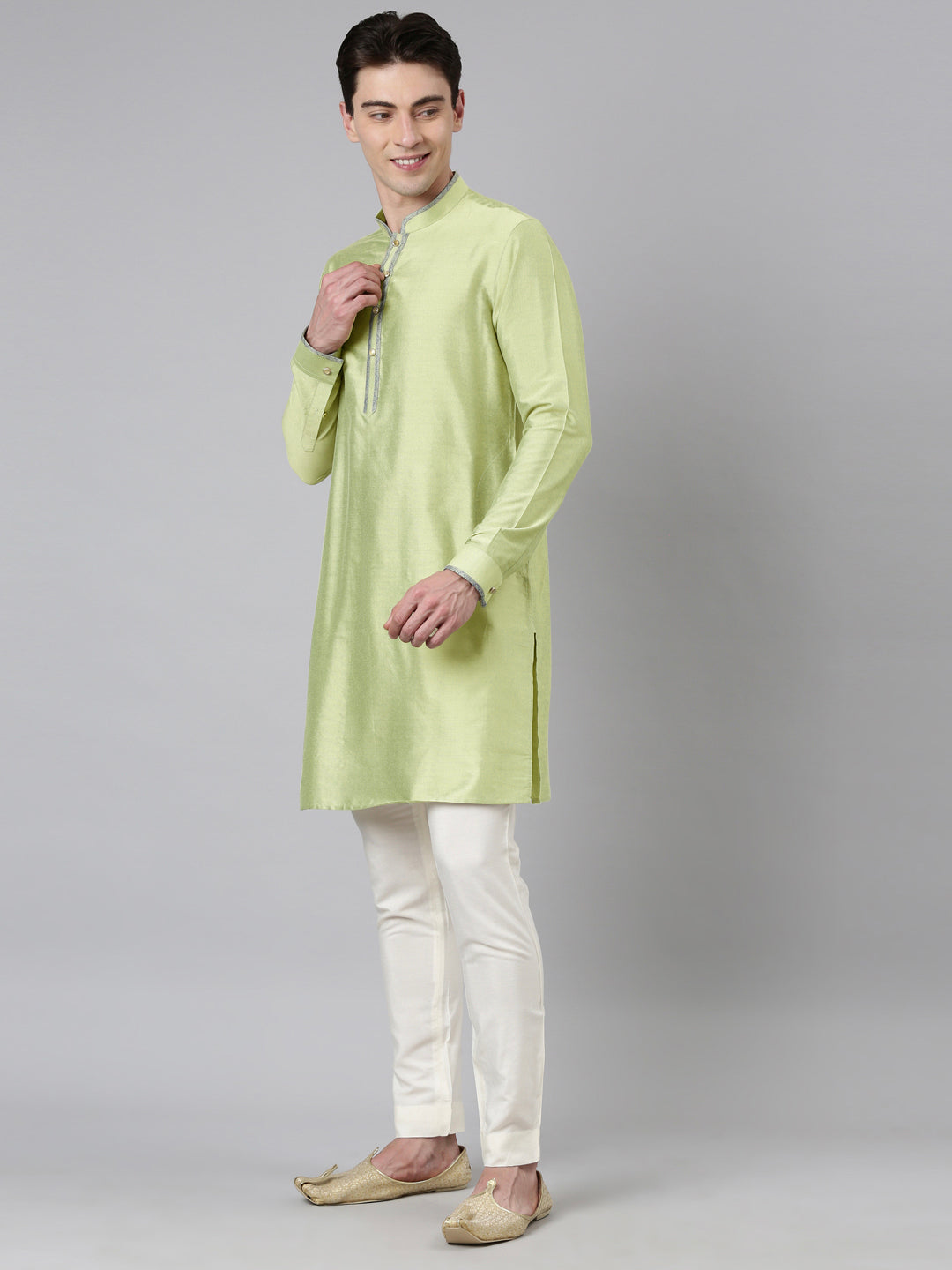 Lime Green Blue Jacquard Quilted Jacket With Short Kurta