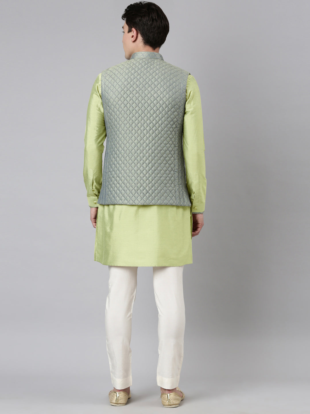 Lime Green Blue Jacquard Quilted Jacket With Short Kurta